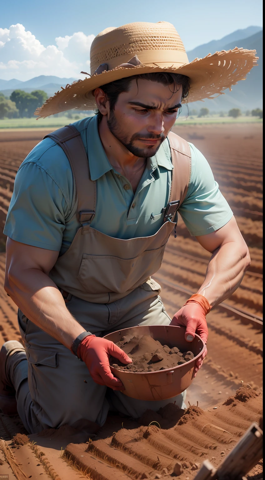 Um lavrador idoso trabalhando incansavelmente, tombando a terra com um trator em um imenso campo, preparing the soil for planting grain.