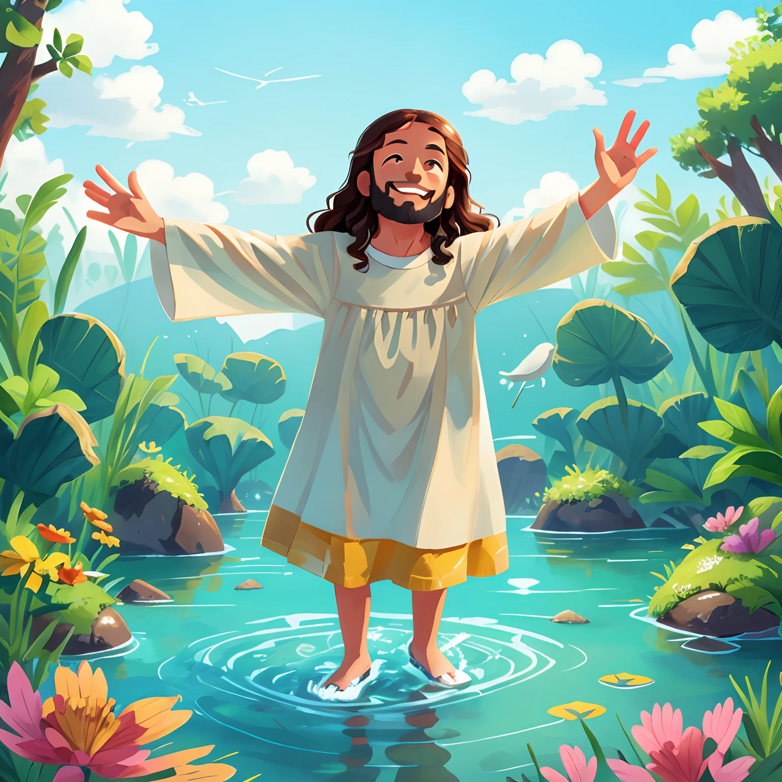 Create an image of Jesus Kids walking on water, with a quiet smile on his face,