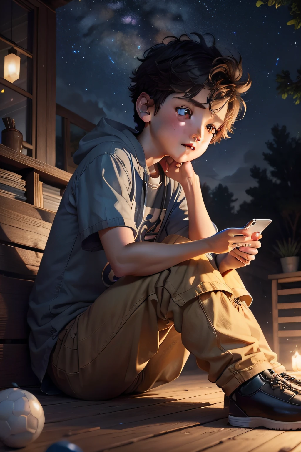 Boy sitting under the stars playing games