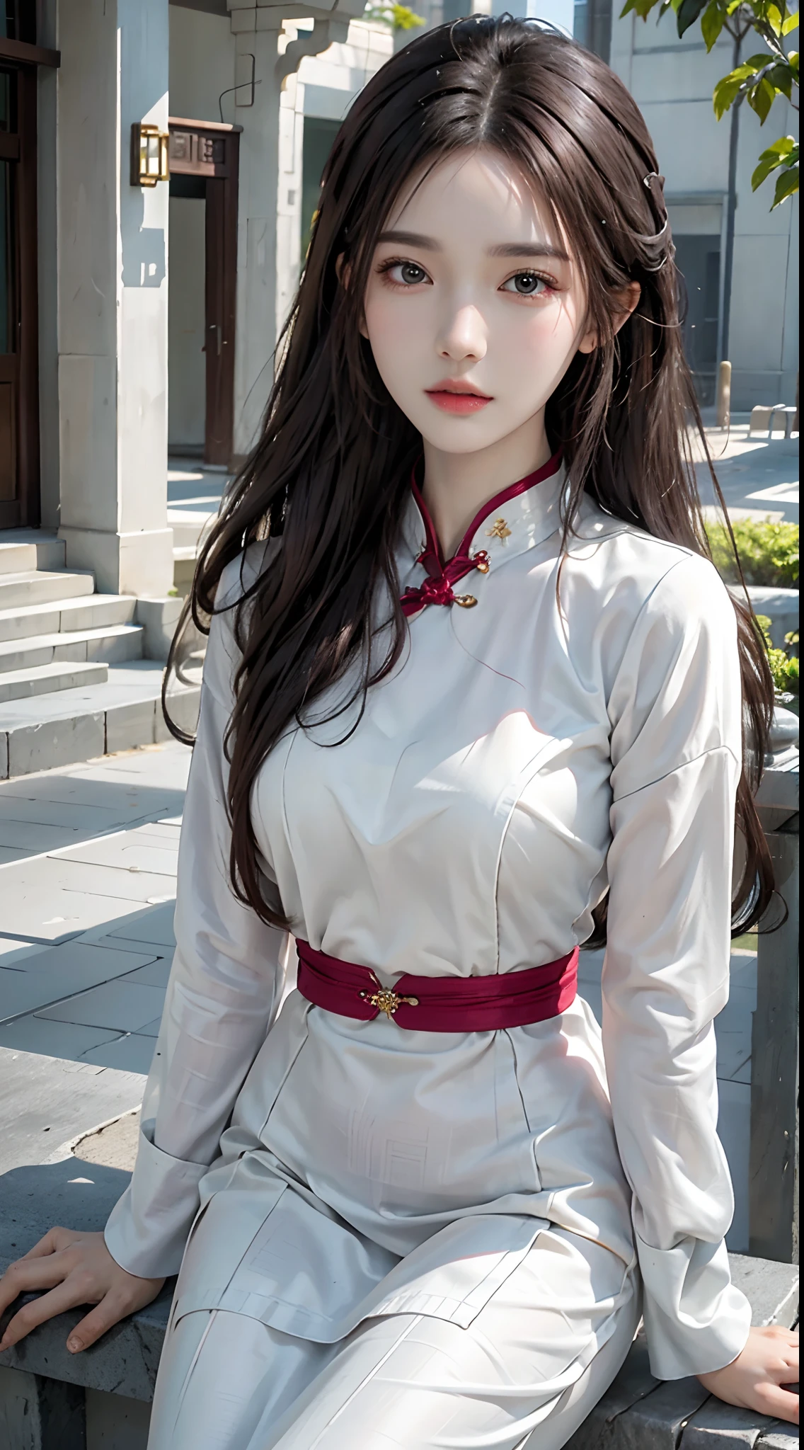photorealistic, high resolution, 1women, solo, sitting at the tree, look at viewer, (detailed face), colorful aodai, jewelry