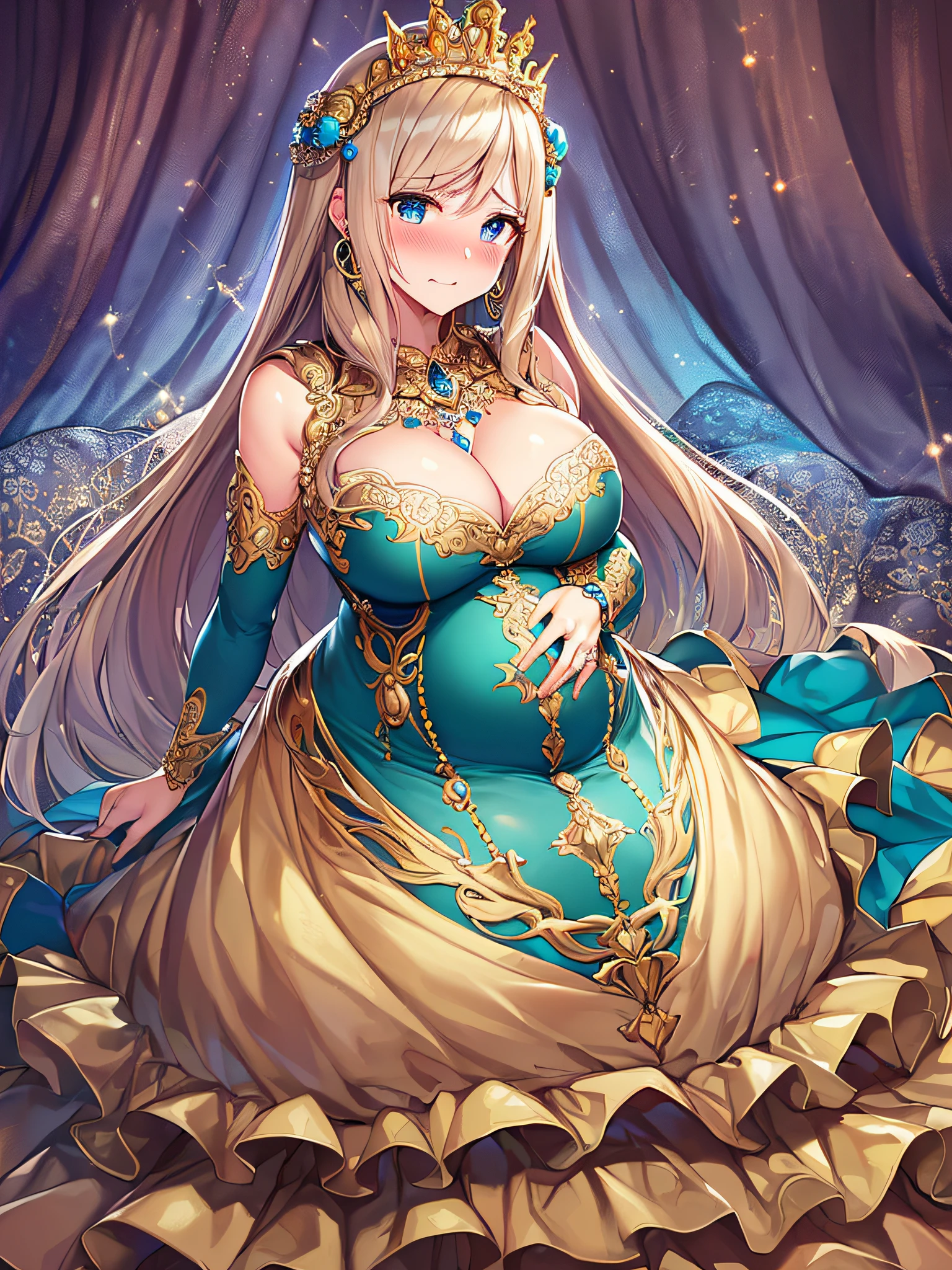((anime artstyle)),(Masterpiece),(Best Quality), (Super Detail),((Very Delicate and Beautiful)),(((Solo))),((full body)),(((1 bling-bling pregnant princess in beautiful embroidery and jeweled gorgeous rococo ball gown dress with voluminous full length hoop skirt))),(((heavily pregnant))),(last month of pregnancy),((bling-bling)),Long train,(bling-bling gorgeous gemstone jewelry),detailed face and eyes,jewel-like eyes,cry,(((embarrassed))),((large amount of straight hair,extremely voluminous Very Long Hair,Straight Hair)),((gigantic tits,Long tits)),cleavage,(gorgeousfull embroidery and lace),gorgeous corsage,See-through,extremely gorgeousfull hair ornament,((bling-bling extremely gorgeousfull jeweled tiara)),ornate ruffles,(hoop skirt,crinoline),((Dynamic Angle)),Looking at viewer,royal bedroom,((full body)),((beautiful embroidery and jeweled extremely gorgeous rococo ball gown dress with voluminous full length hoop skirt))