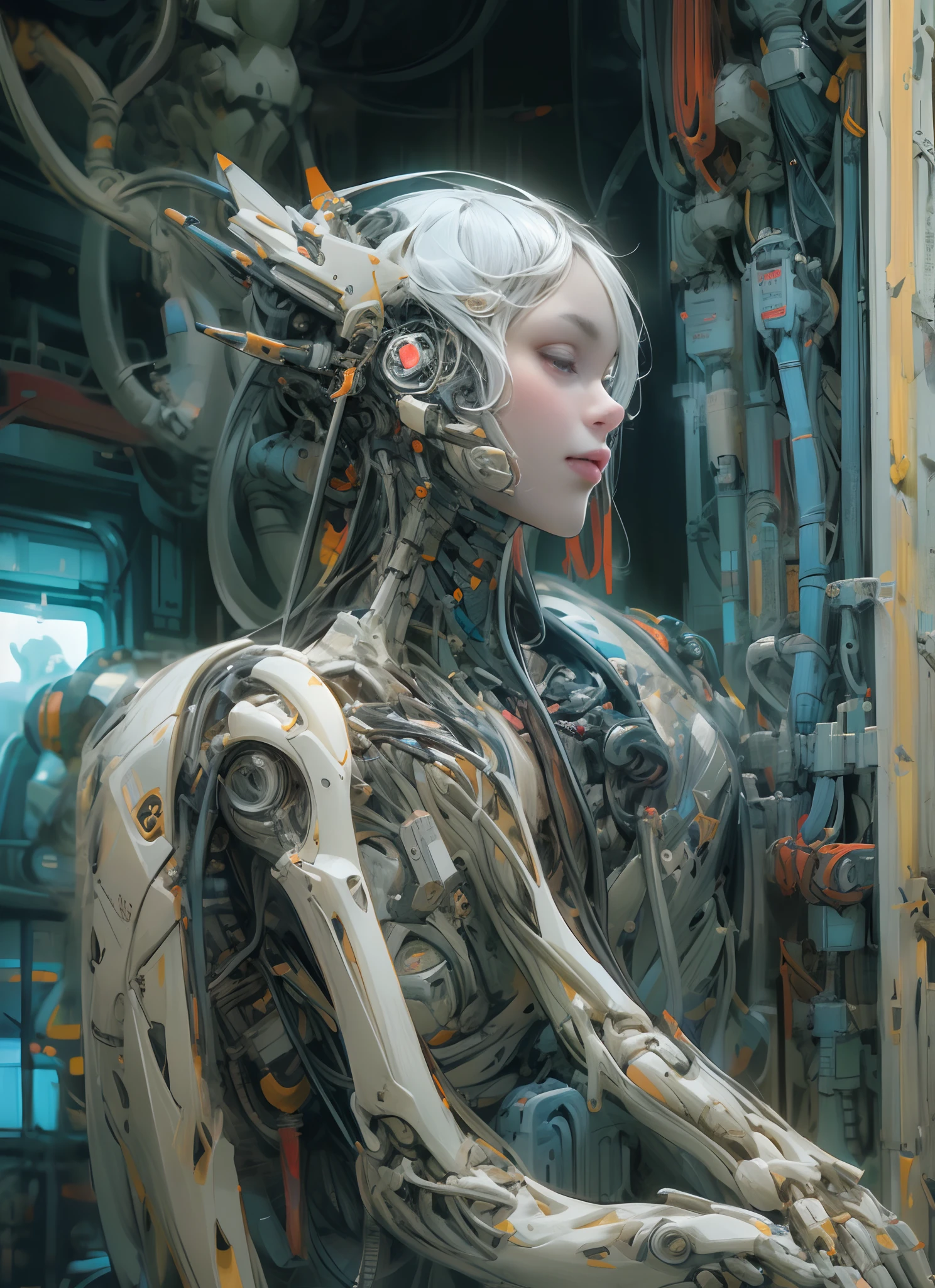 Top Quality, Masterpiece, Ultra High Resolution, ((Photorealistic: 1.4), Raw Photo, 1 cyberpunk android Girl, ((portrait)), Glossy Skin, (Ultra Realistic Details)), transparent plastic covering mechanical limbs, tubes connected to the mechanical parts, mechanical vertebrae attached to the spine, mechanical cervical attachment to the neck, wires and cables connecting to the head, Evangelion, ((Ghost in the Shell)), small glowing LED lamps, global lighting, deep shadows, Octane Rendering, 8K, Ultra Sharp, Metal, Intricate Ornament Details, baroque details, Very intricate details, realistic light, CGSoation trend, facing the camera, neon details, (android manufactory in background), art by H.R. Giger and Alphonse Mucha.