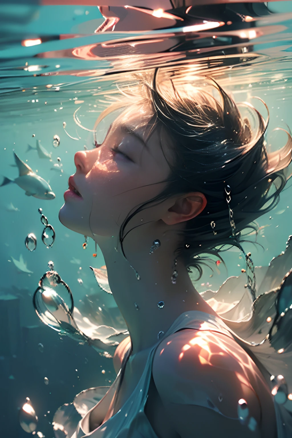 (abstract art:1.5),  (soft light, soft glow:0.8), 1Girl in, Silver for short hair, dark eyes, perfect skin, perfect face, wet shirt, night, sexy, tranquil atmosphere,liquids:1.3, Floating in the sea,Satisfied face