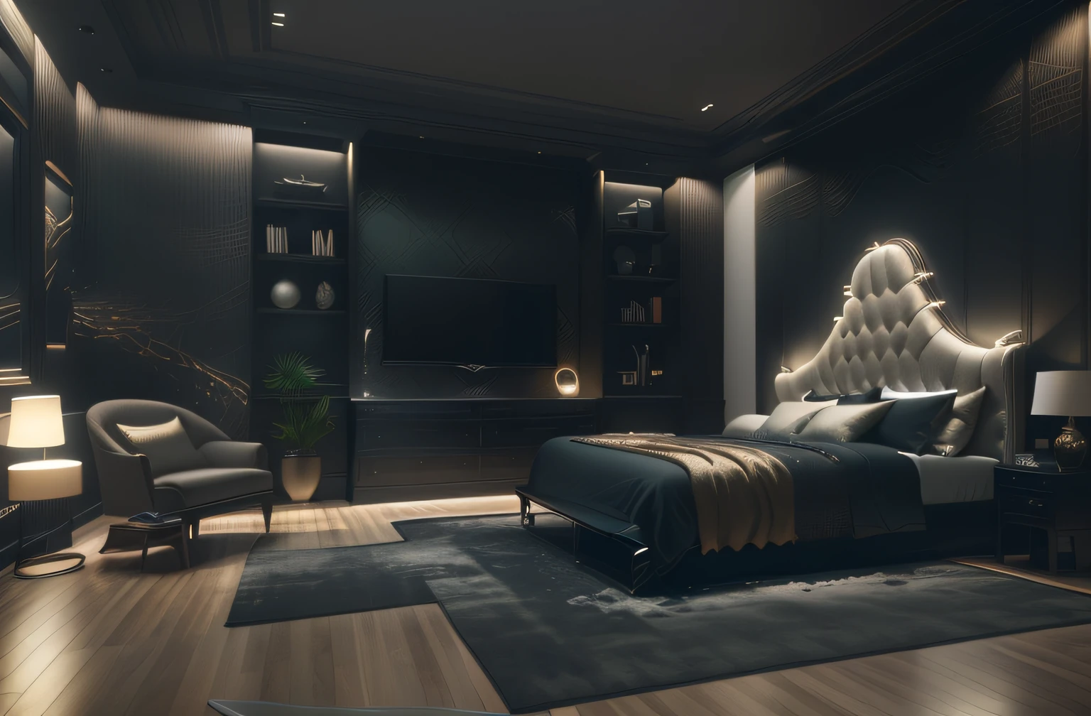 arafed bedroom with a large bed and a tv mounted on the wall, cinematic accent lighting, luxury hd render, vray 8k render, 8k vray render, insanely detailed rendering, bed room, dimly lit bedroom, dramatic lighting render, dramatic ambient lighting, elegant render, high quality 3 d render, high quality 3d render, 8 k sensual lighting
