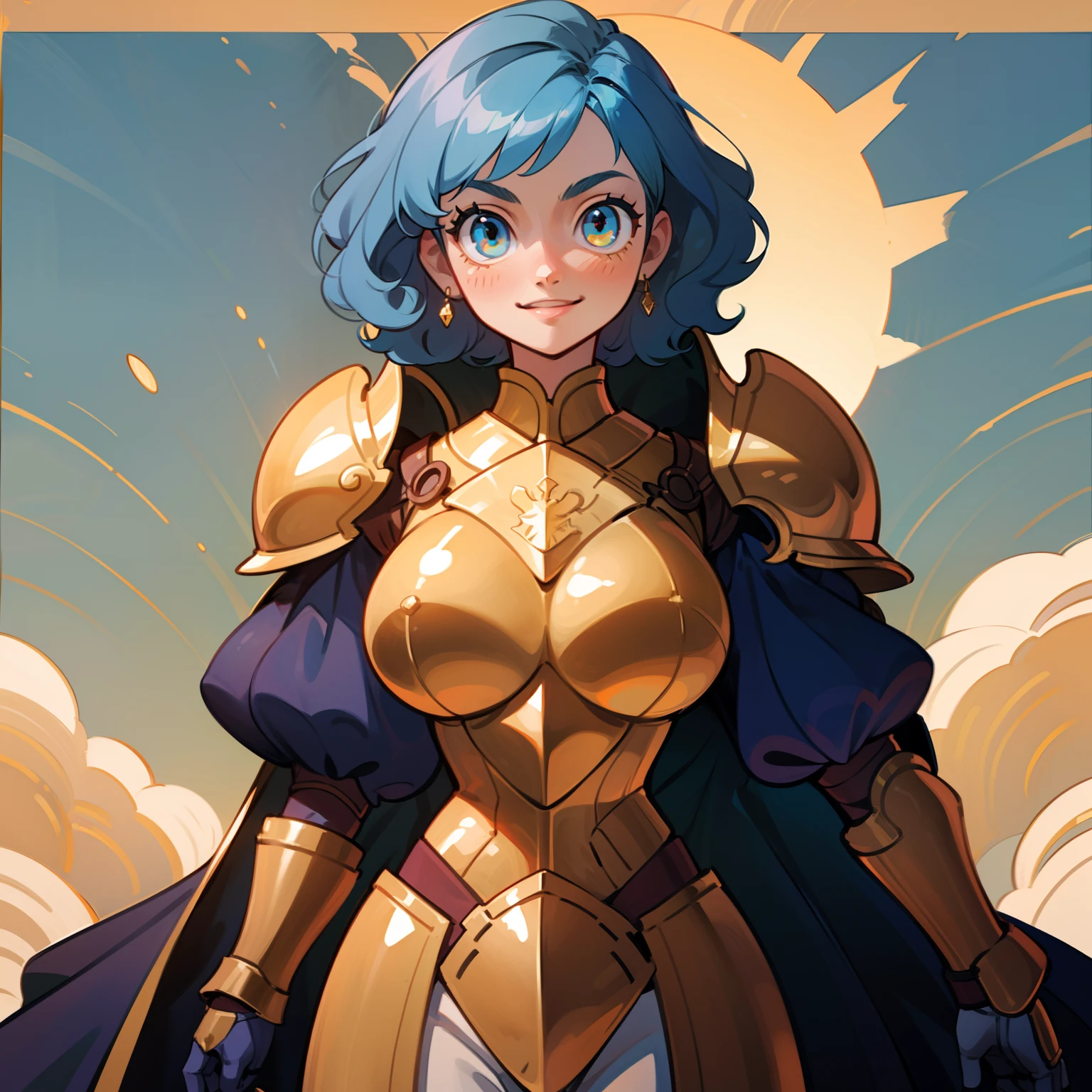(1 girl), (solo), short blue hair, wavy blue hair, shine golden eyes, strong build, athletic body, big breasts, (high quality), (hd), (very detailed), curly hair, broad shoulders, wide waist, slightly chubby, yellow armor, gold armor, sun details on armor, full armor, smile, powerfull