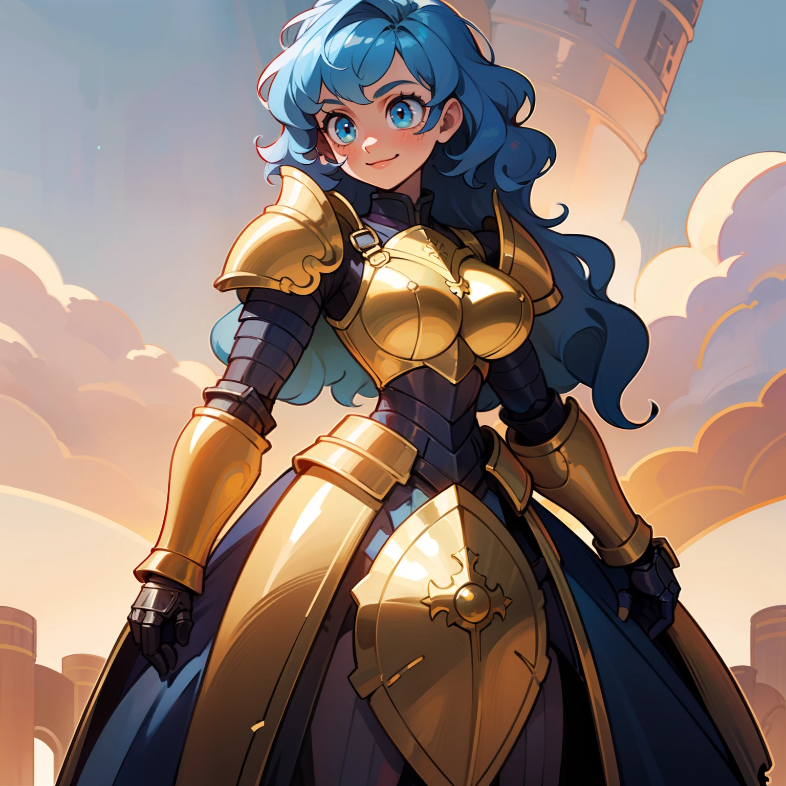 (1 girl), (solo), short blue hair, wavy blue hair, shine golden eyes, strong build, athletic body, big breasts, (high quality), (hd), (very detailed), curly hair, broad shoulders, wide waist, slightly chubby, yellow armor, gold armor, sun details on armor, full armor, smile, powerfull