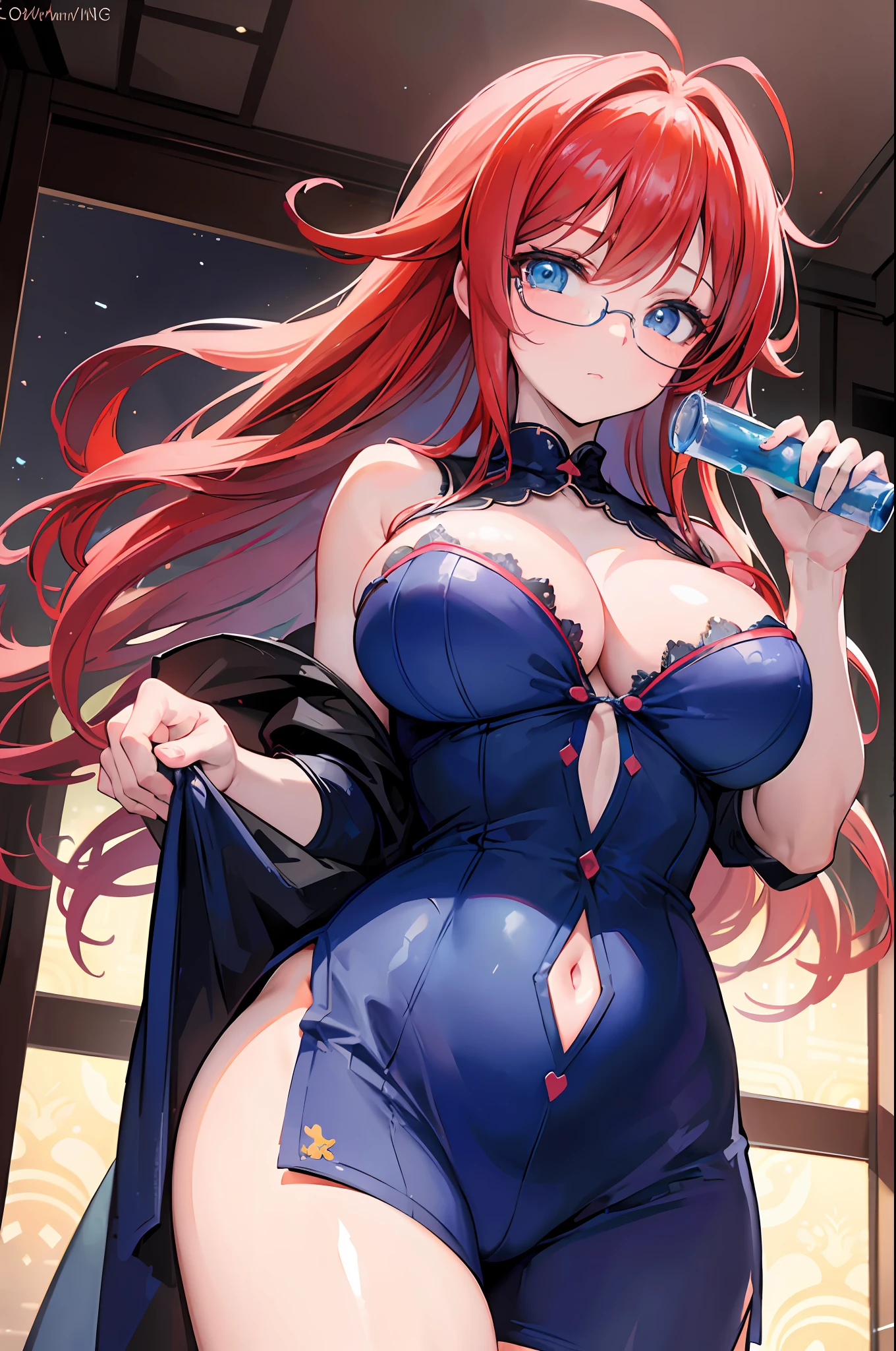 ((top quality)),((masterpiece)),((perfect face)),((background blur)),nsfw,(ultra detailed),sharp focus, medium breasts, glasses, streets, cowboy shot, large breasts, curvy, (((blue eyes))), rias gremory, red hair, antenna hair, wavy hair, ((beautiful detailed eyes, beautiful detailed glow, lots of glow)), Pale pink pajamas with cute pattern, slightly unbuttoned, cool, sexy, bosom showing, seductive, noble, focus on eyes, Drinking beer in a pub, bustling around, happy expression, Looking at viewer, dynamic angle, dynamic pose, close-up, view from below, Nipple bulge marks on pajamas, Seductive,