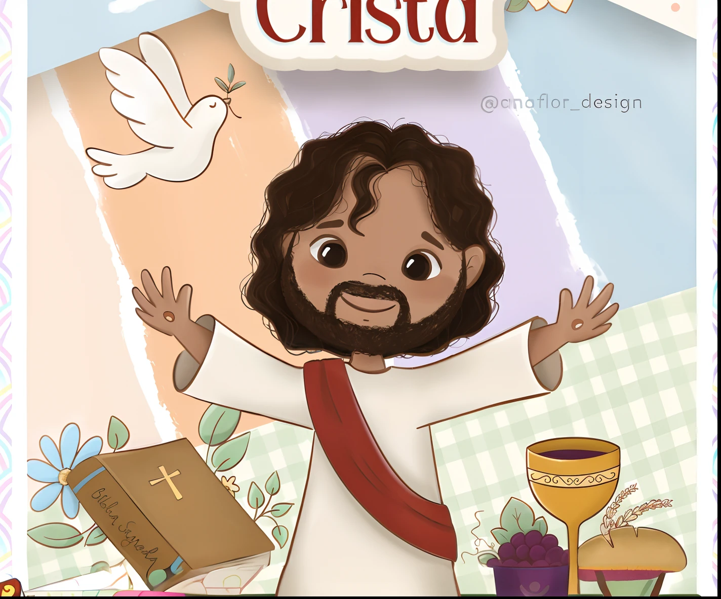 Image of a cartoon Jesus with a Bible and a cup of coffee, illustration of children's books, art cover illustration, bible illustration, capa de livro infantil, illustration for children's book, illustration of children's book, illustration of children's books, illustration of children's books, Jesus Cristo, Christian, cover illustration, colorful kids book illustration, illustration for children, batizado, digital illustation