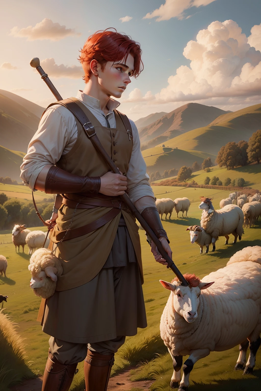 a young shepherd boy, red-haired sheep shepherd boy, with a staff in his hands, taking care of sheep, countryside background scenery, evening lighting, children's digital drawing, super realistic