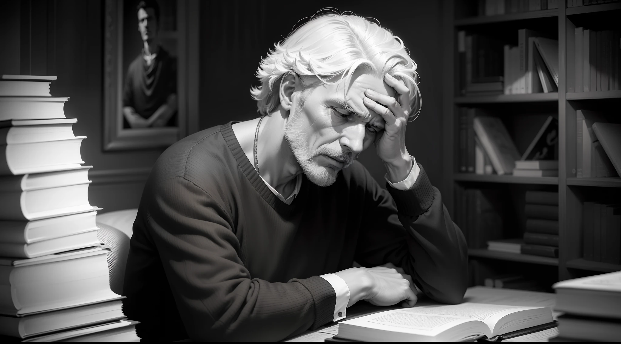 A grieving man finding comfort in stoic philosophy books, black and white portrait