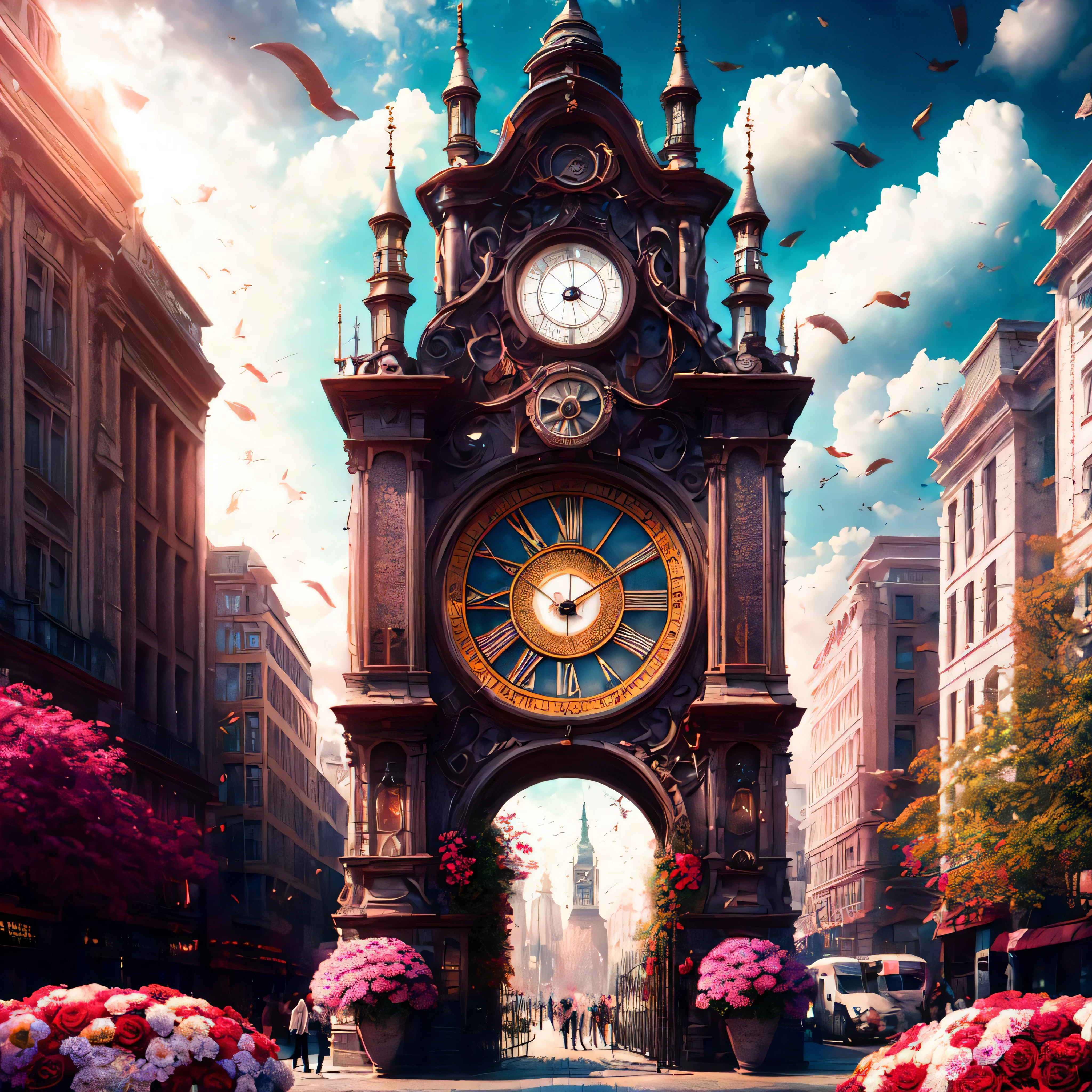 photo (FlowerGateway style:1) painting of a clock tower in the middle of a city