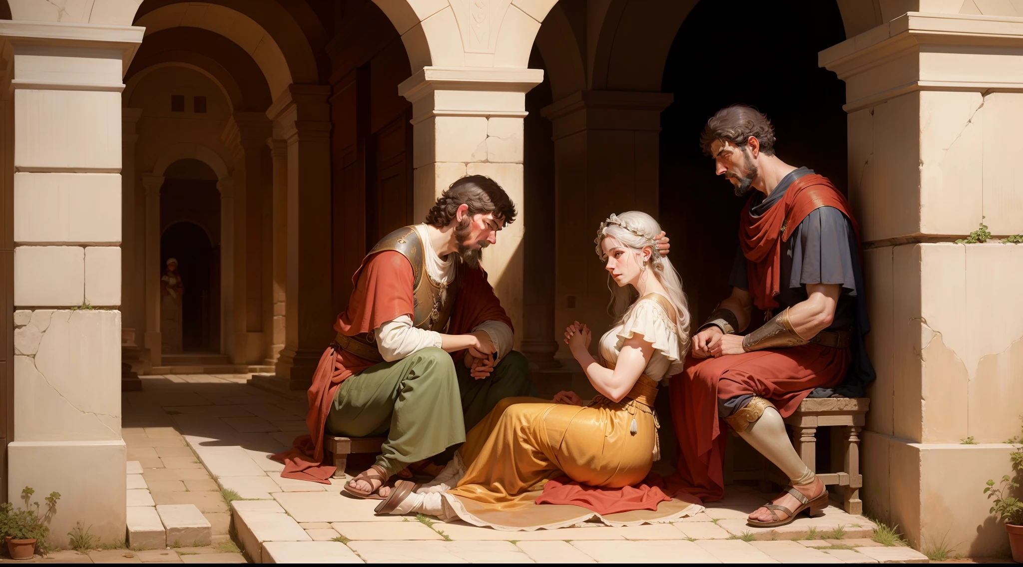 Marcus Aurelius consoling a crying woman on a Roman villa courtyard, oil painting