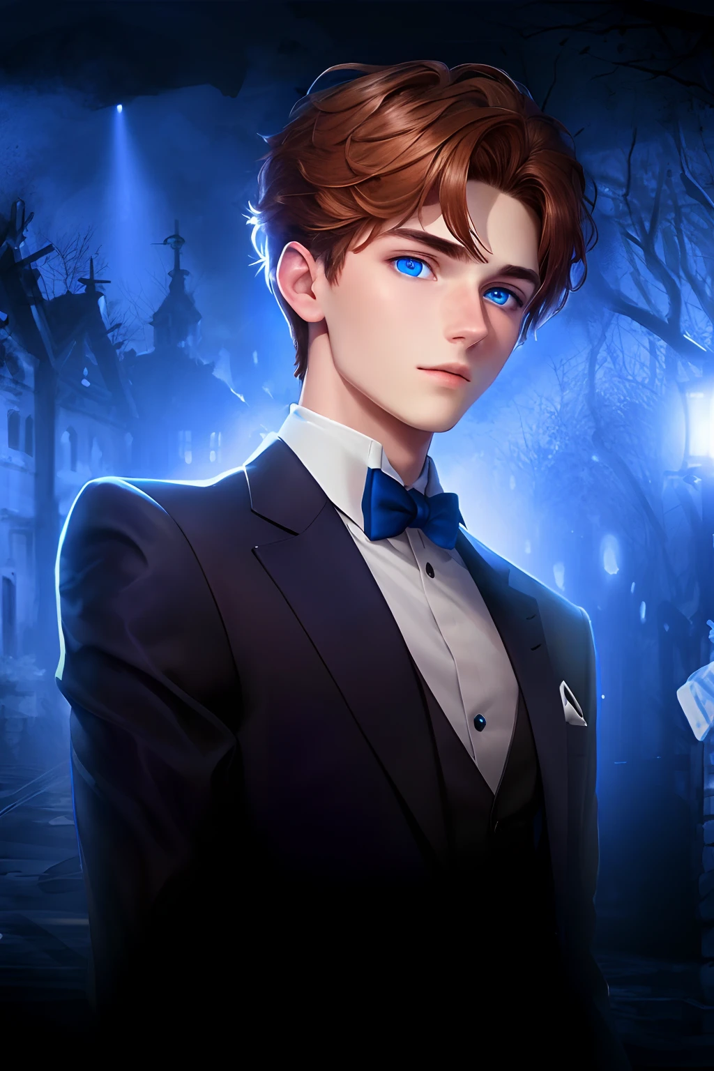 20-year-old male with luminescent blue eyes and chestnut brown hair making eye contact with the viewer.
