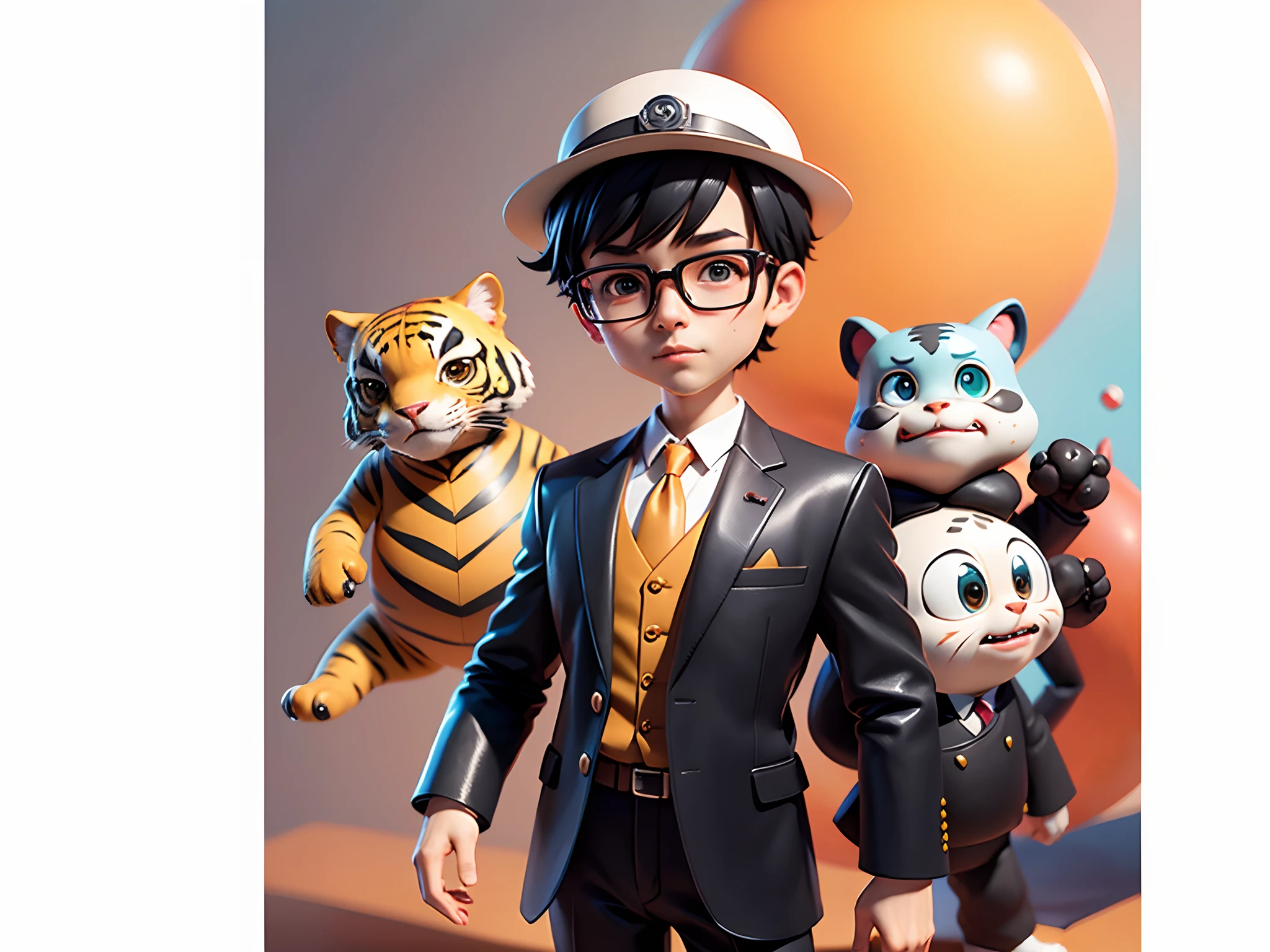 Young man with oriental face in leather hat, tiger, oriental face in formal suit, short black hair, silver glasses, digital painting, 3D character design by Mark Clairedon and Pixar and Hayao Miyazaki and Akira Toriyama, the illustration is a high-definition illustration in 4K resolution with very detailed facial features and cartoon-style visuals.