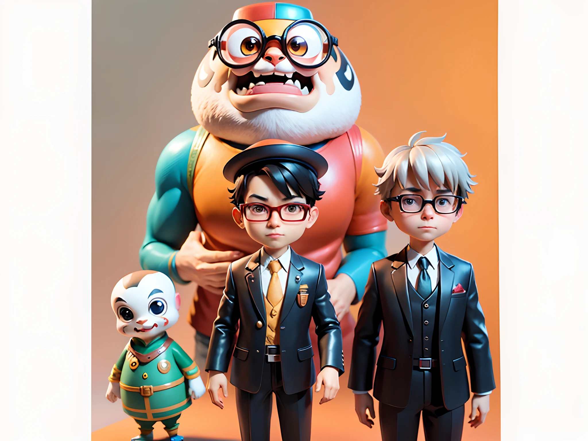 Young man with oriental face in leather hat, tiger, oriental face in formal suit, short black hair, silver glasses, digital painting, 3D character design by Mark Clairedon and Pixar and Hayao Miyazaki and Akira Toriyama, the illustration is a high-definition illustration in 4K resolution with very detailed facial features and cartoon-style visuals.