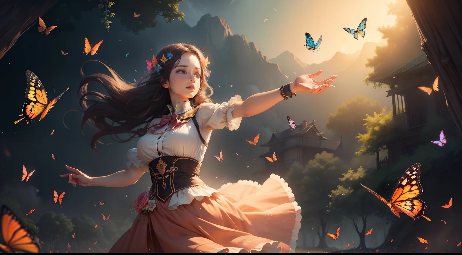 A woman releasing butterflies symbolizing rebirth after loss, nature digital art