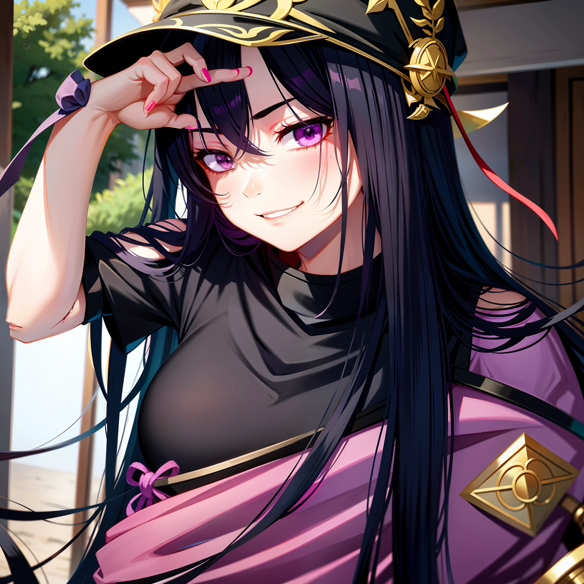 anime girl with long black hair wearing a hat and purple shirt, heise jinyao, akali, wears a destroyed hat, yun ling, xianxia, black - haired mage, hinata hyuga, bian lian, inspired by Cao Zhibai, gapmoe yandere, roguish smirk, as an anime character, feng shu