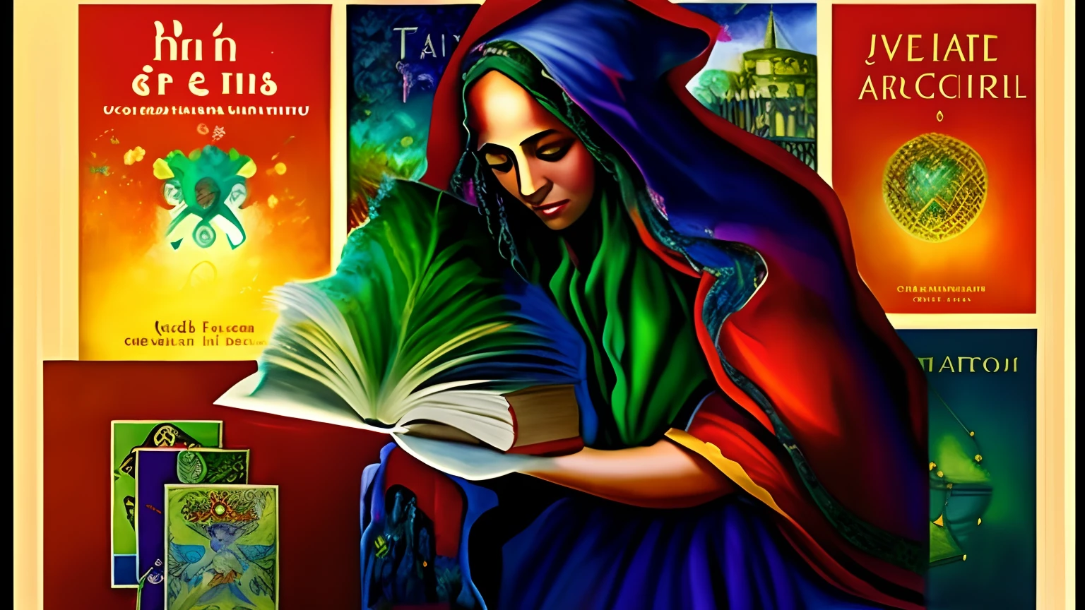 Image of a woman holding a book with a bunch of books in front of her, fantasy book illustration, conceito de arte para uma capa de livro, magical realism and dark fantasy, dramatic reading spell book pose, Directed by: Veronica Ruiz de Velasco, arte da capa de um livro, pintura de capa de livro de fantasia, Arte do Tarot, Directed by: Juan Fernando Cobo