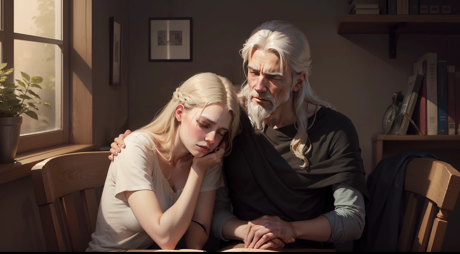 Epictetus comforting a grieving friend, inspirational illustration