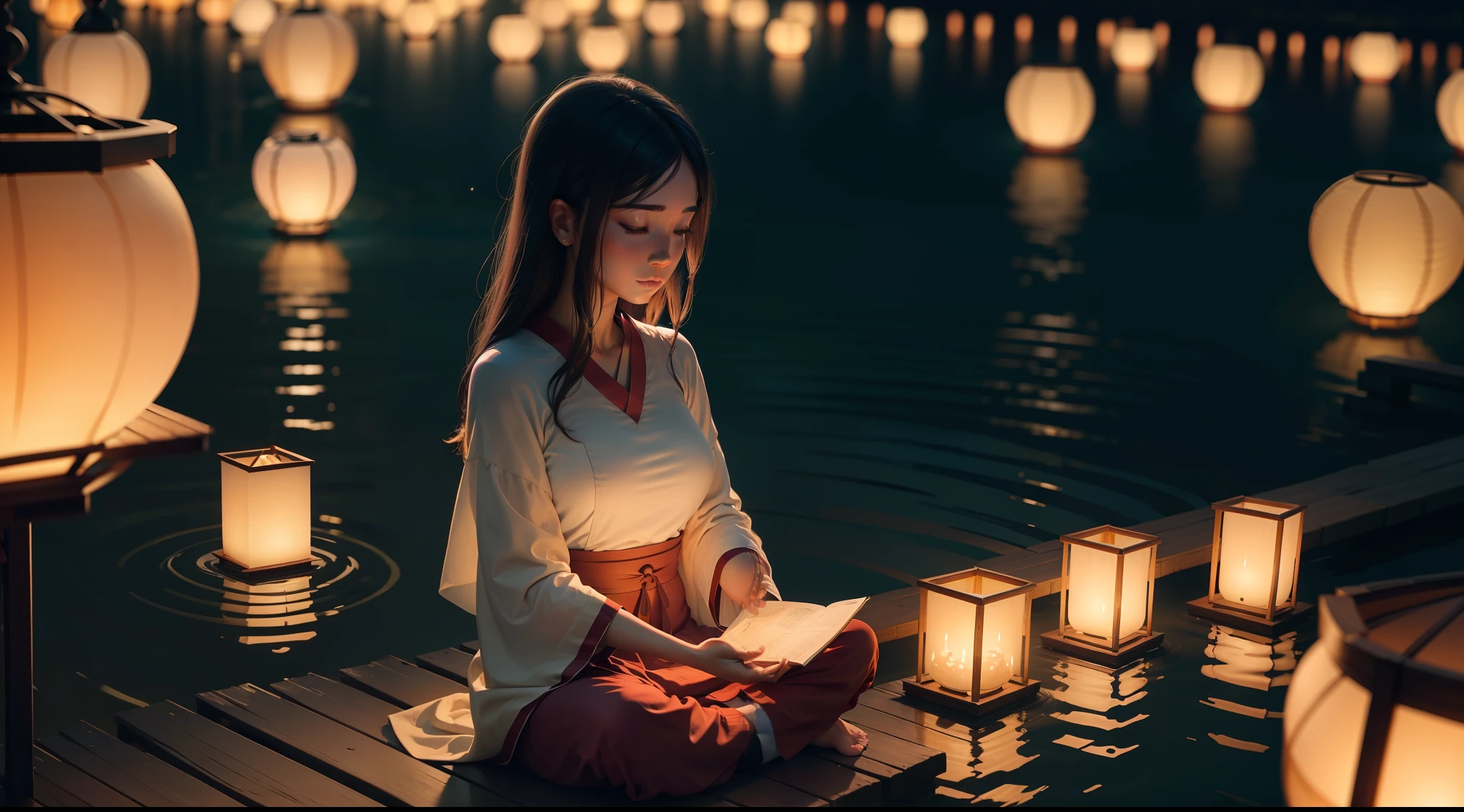 A woman meditating serenely while floating lanterns on a lake at dusk