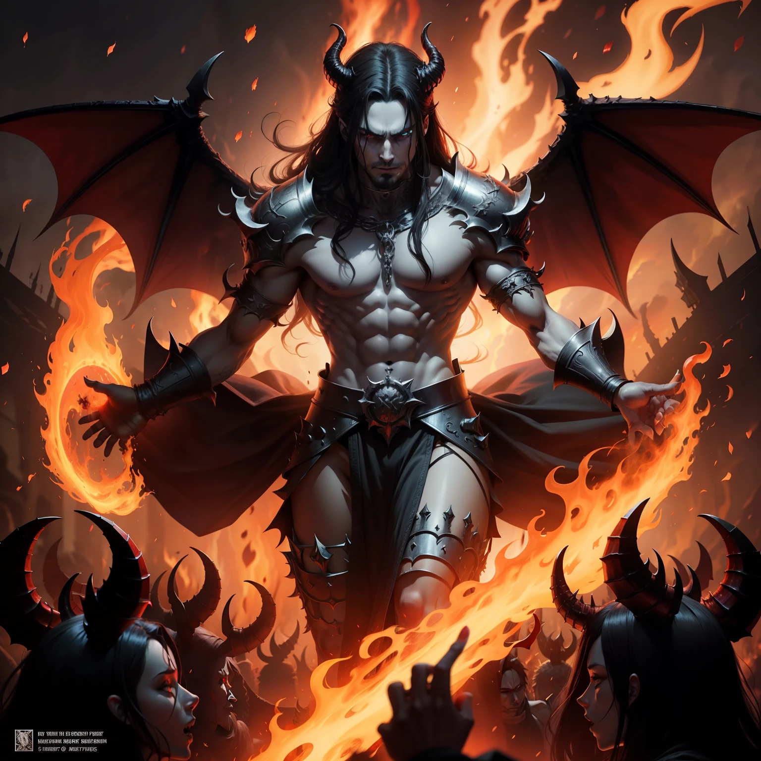 Kingdom of Hell devil with demons surrounding blazing fire super detailed hyper réaliste