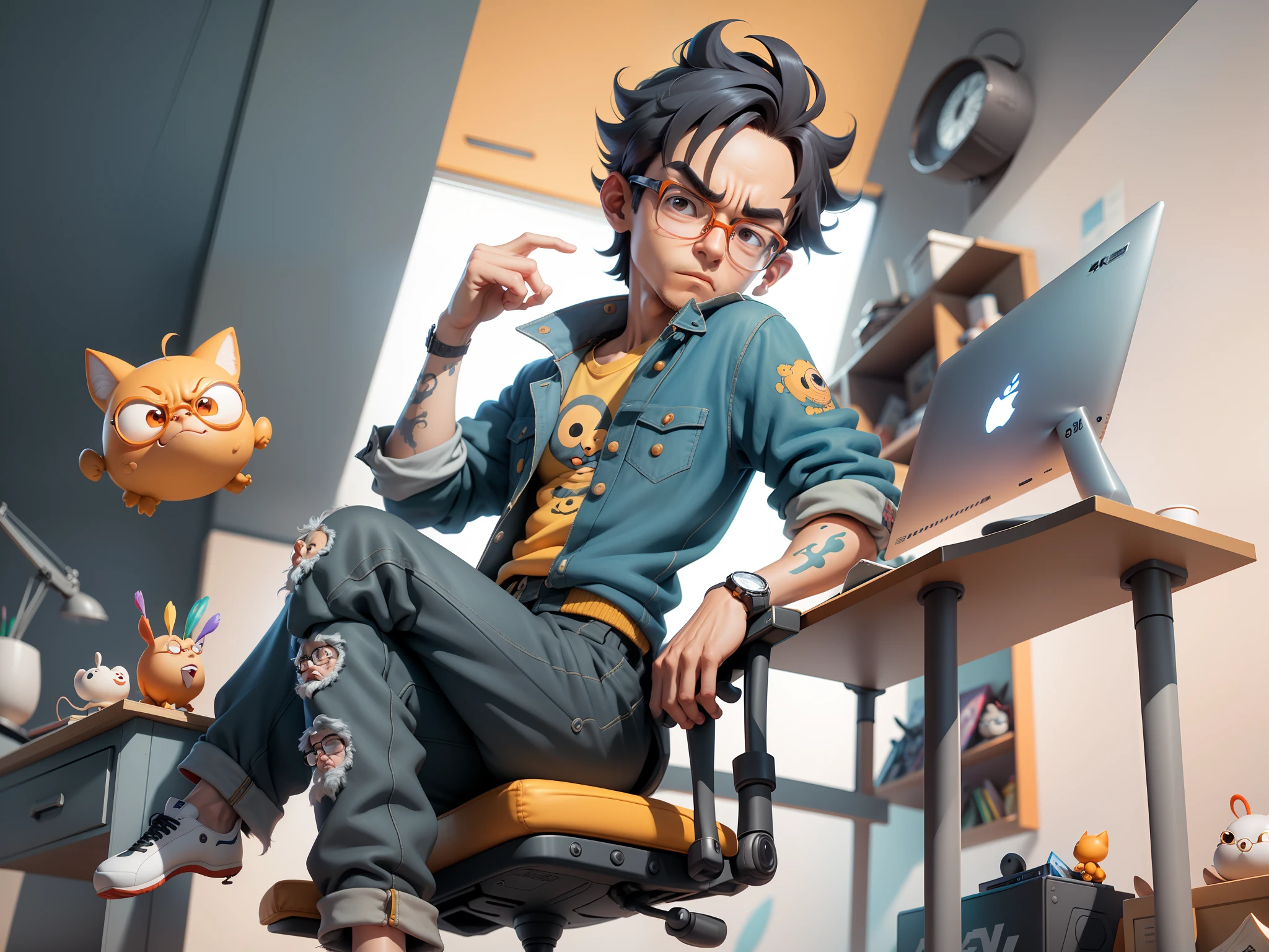 A young man with glasses sits at his desk,holding laptop,digitial painting,3D character design by Mark Clairen and Pixar and Hayao Miyazaki and Akira Toriyama,4K HD illustration,Very detailed facial features and cartoon-style visuals。