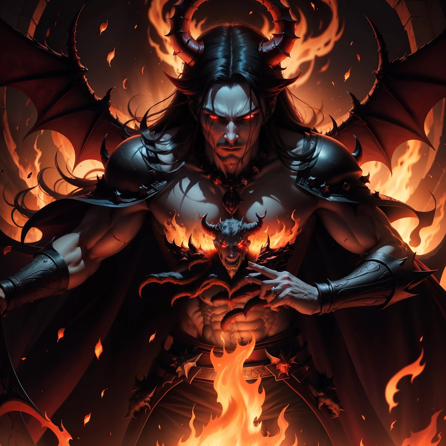 Kingdom of Hell devil with demons surrounding blazing fire super detailed hyper réaliste