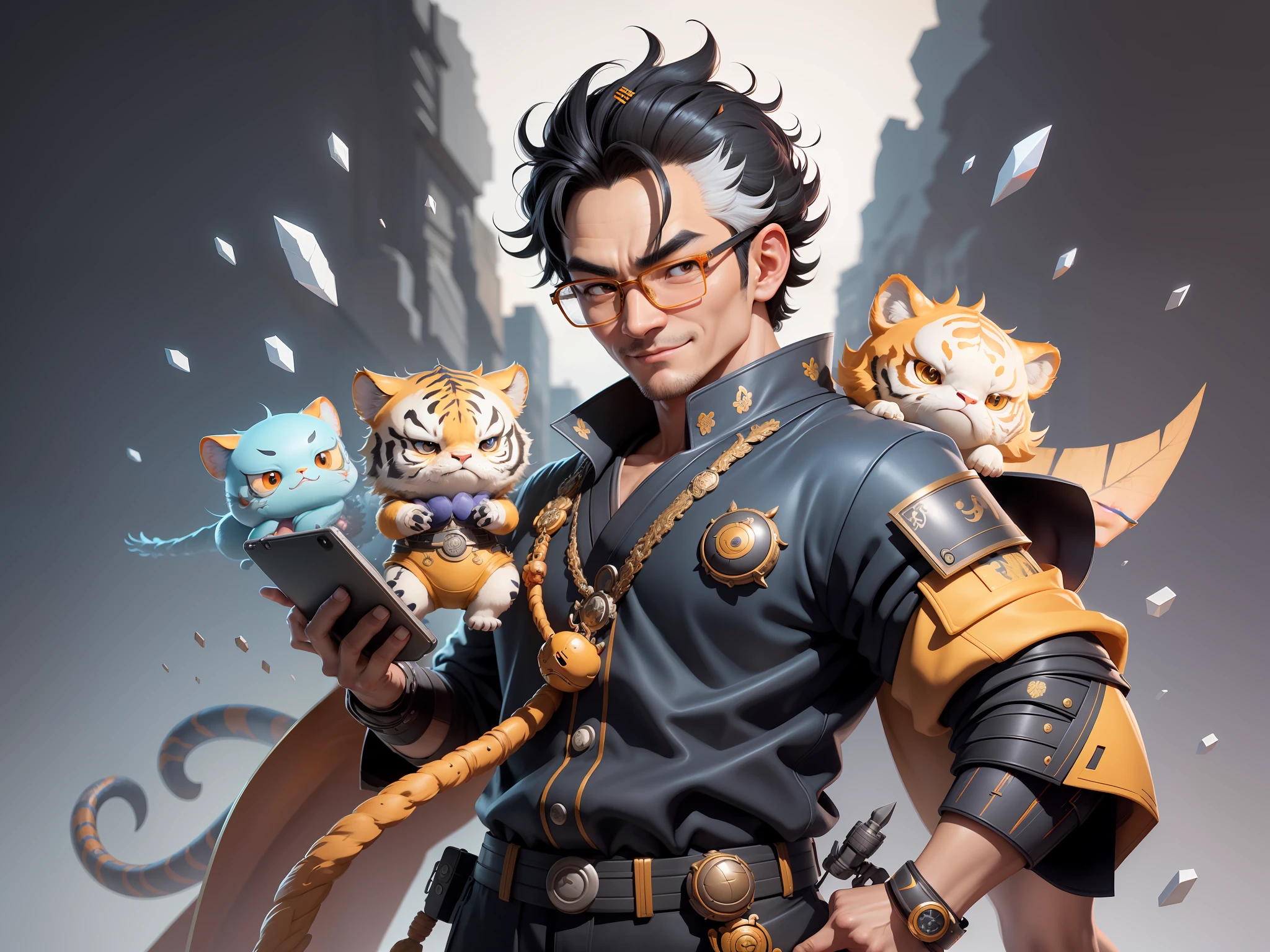 (Masterpiece), (Excellent), (Super Meticulous), (Full Body: 1.2), Super Young Man with Japanese Female Geisha, Pretty, Beautiful, Chinese Dragon, Tiger, Wind God Thor, Sexy, Bursting, Oriental Face, TV Anchor, Bust Portrait Illustration, Black Suit, Blue Tie, Slightly Chubby Face, Silver Glasses, Very Clean Face, No Beard on Chin, Black Super Short Hair, Black Eyes, Confident Smile, 3c Computer Sub-Products, iPad, iPhone, Digital Painting, 3D character design by Mark Clairedon and Pixar and Hayao Miyazaki and Akira Toriyama, the illustrations are HD illustrations in 4K resolution with highly detailed facial features and cartoon-style visuals.