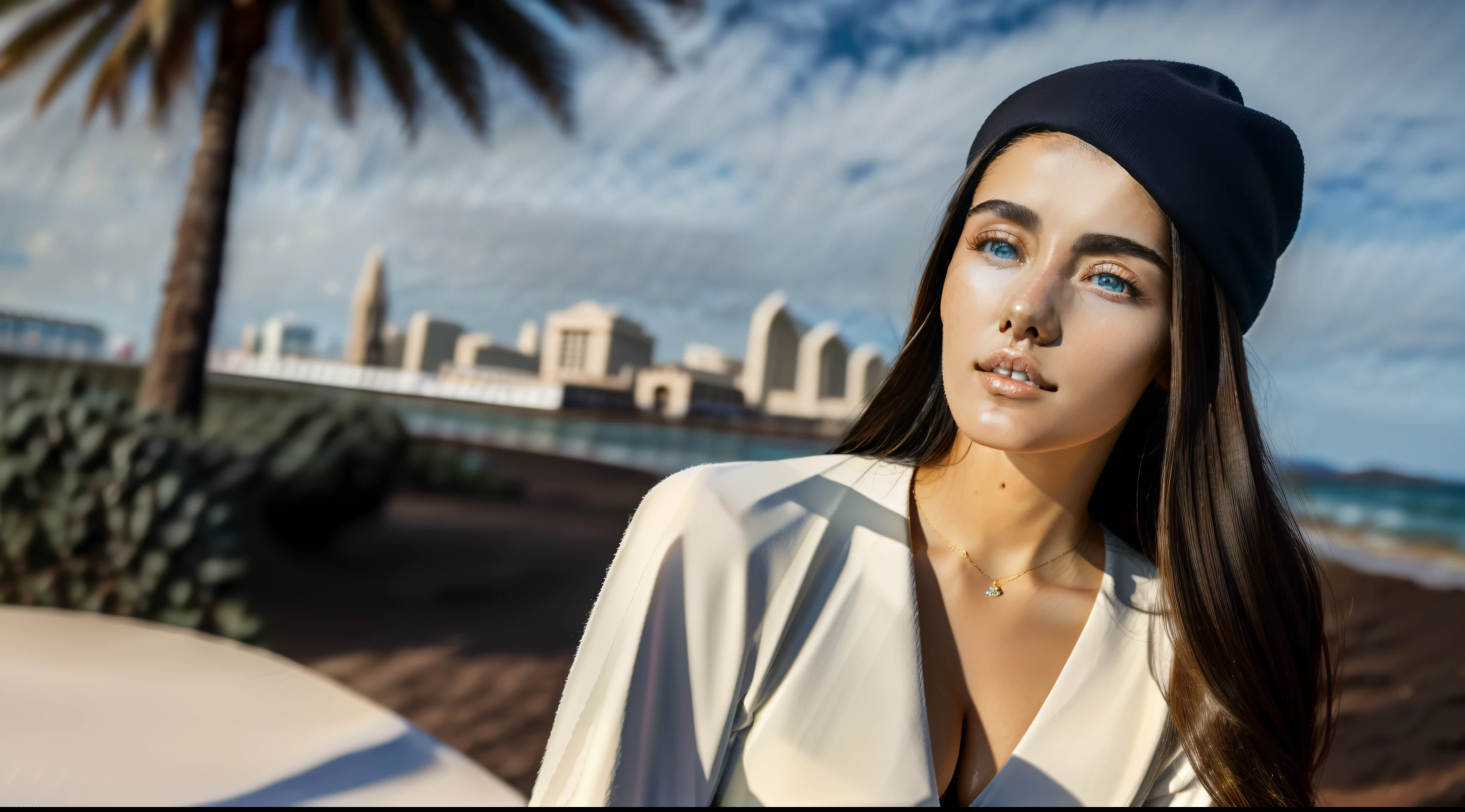 Masterpiece: 1.3), (8k, Photorealistic, Photo RAW, Best quality: 1.4), (UHD), (Ultra high realism), (Ultra high definition), (Ultra high detail), (Increase contrast), (Increase saturation), ((((1girl:1.3)))), A beautiful woman, ((Hybrid face between Monica Bellucci and Jennifer Connelly, 20 years old)), with a perfect figure: 1. 4, Cute face, Beautiful face, (Realistic face), Exquisite hairstyle, Bright light blue eyes with realistic details, beauty in every aspect, (Realistic skin), Radiant skin, with a natural tanned tone, irresistible to the eye, Ultra high definition, Ultra realistic, Highly detailed, (Large breasts: 1.3), (Cleavage: 0.8), A model with a Caucasian complexion, with a warm, Mediterranean tone to her skin, is gracefully seated on a stone bench. She elegantly holds a hat or a purse, while directing a direct gaze at the camera, conveying a soft smile. In Casco Viejo, the historic and cultural heart of Panama City, the cobblestone streets, colonial buildings, plazas and varied architecture create a perfect backdrop for photos. The Plaza de la Independencia is surrounded by imposing colonial buildings and the majestic Metropolitan Cathedral. The fountains and stone benches offer the opportunity for a wide range of poses, from elegant portraits to relaxed shots.(Loose and natural waves hairstyle, soft and tousled waves would enhance the Mediterranean and versatile beauty, large breasts: 1.3), (Neckline), necklace and earrings, ((Slender figure: 1. 2)), (Toned waist), firm and curvaceous buttocks, ((body measurements: 1.68 meters tall and the ratio of bust, weight and waist and hip measurements 99 x 63 x 91 cm)), ((plunging neckline)), ((Translucent white shirt over black underwear. Shirt ajar, with an elegant, casual dress style)), Shot in 70mm, 8k, Photorealistic, --q 5 --ar 16:9 --v 4, HQ, 8K (film grain: 1.3), 8k UHD, DSLR, soft lighting, high quality, HDRI, Fujifilm XT3