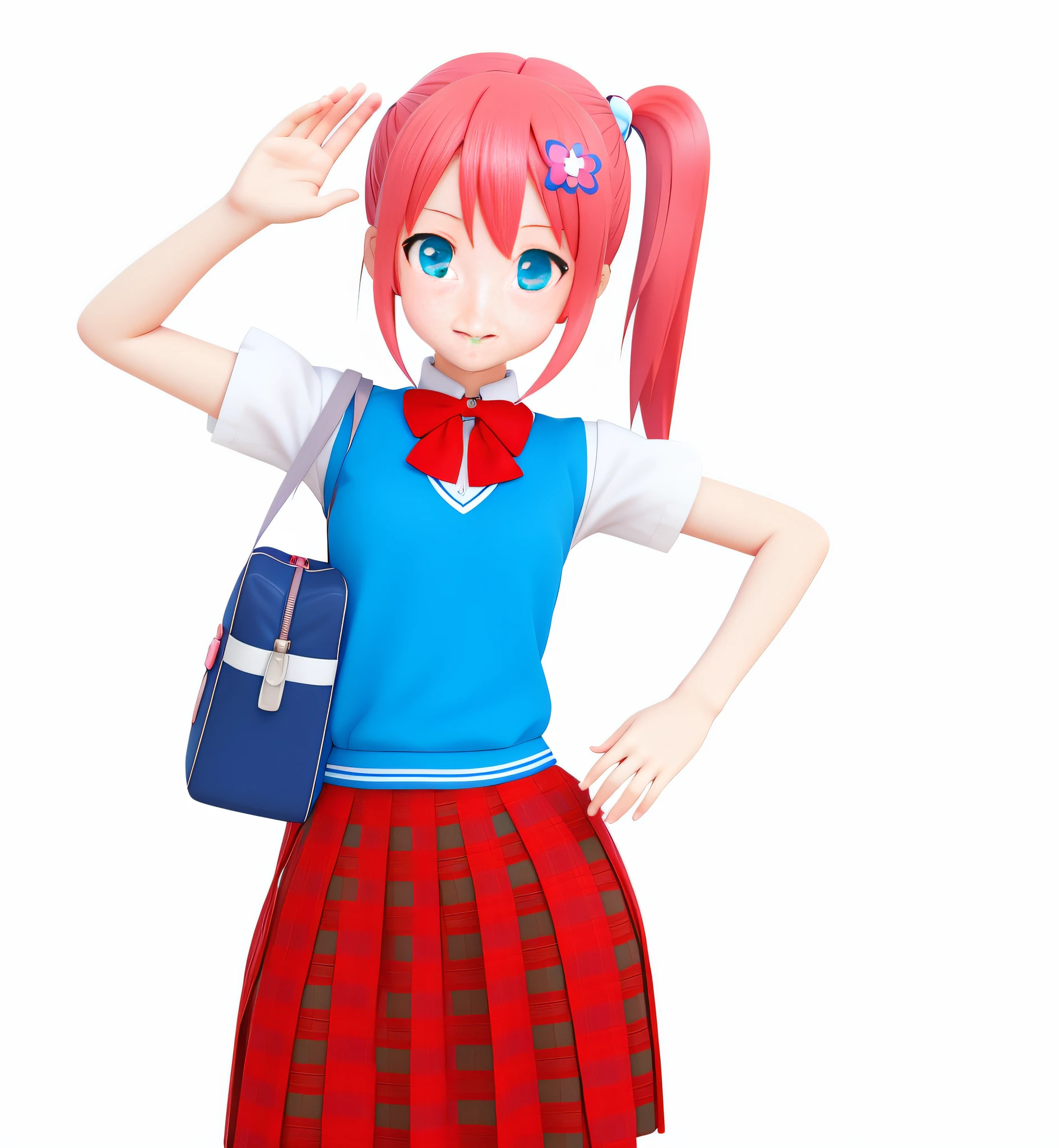 anime girl in a red skirt and blue shirt waving, pink twintail hair and cyan eyes, render of a cute 3d anime girl, anime styled 3d, 3d anime girl, sayori, stylized anime, young anime girl, anime stylized, yayoi kasuma, realistic schoolgirl, anime style character, realistic young anime girl