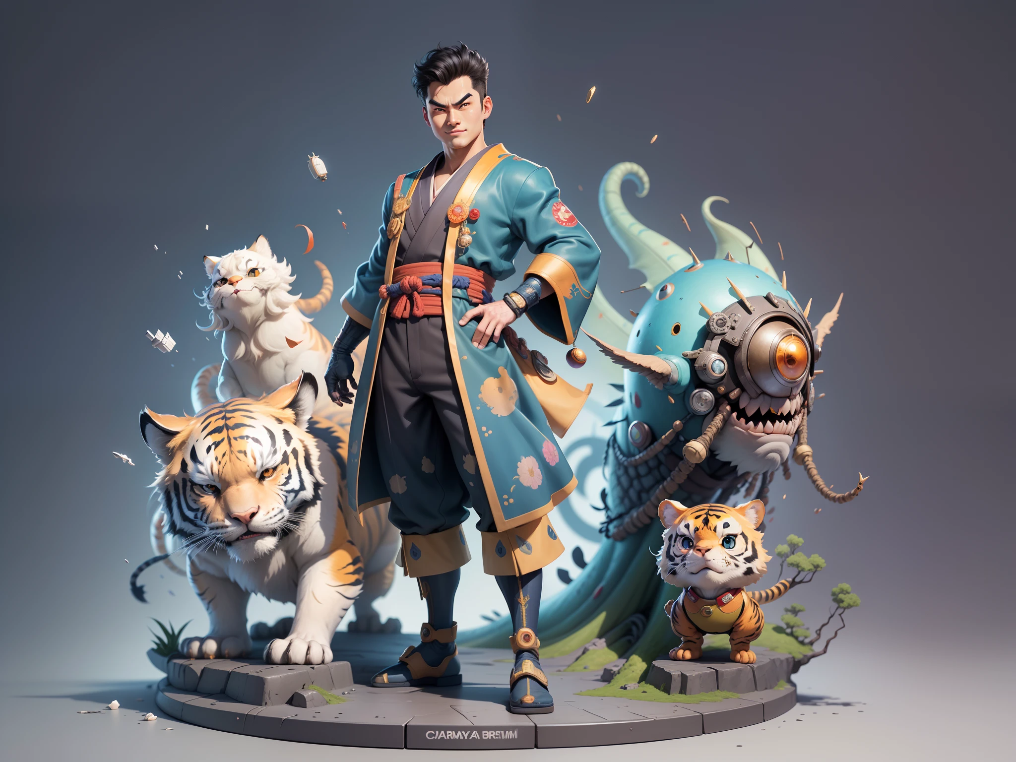 (Masterpiece), (Excellent), (Super Meticulous), (Full Body: 1.2), Super Young Man, Oriental Face, Japanese Kimono, Japanese Wind Thunder God, Dragon, Tiger, TV Anchor, Bust Portrait Illustration, Alone, Black Suit, Blue Tie, Slightly Chubby Face, Very Clean Face, No Beard, Black Super Short Hair, Black Eyes, Confident Smile, 3c Computer Sub-Products, iPad, iPhone, Digital Painting, 3D Character Design by Akira Toriyama and Mark Claireden and Pixar and Hayao Miyazaki, The illustration is a high-definition illustration in 4K resolution with very detailed facial features and cartoon-style visuals.