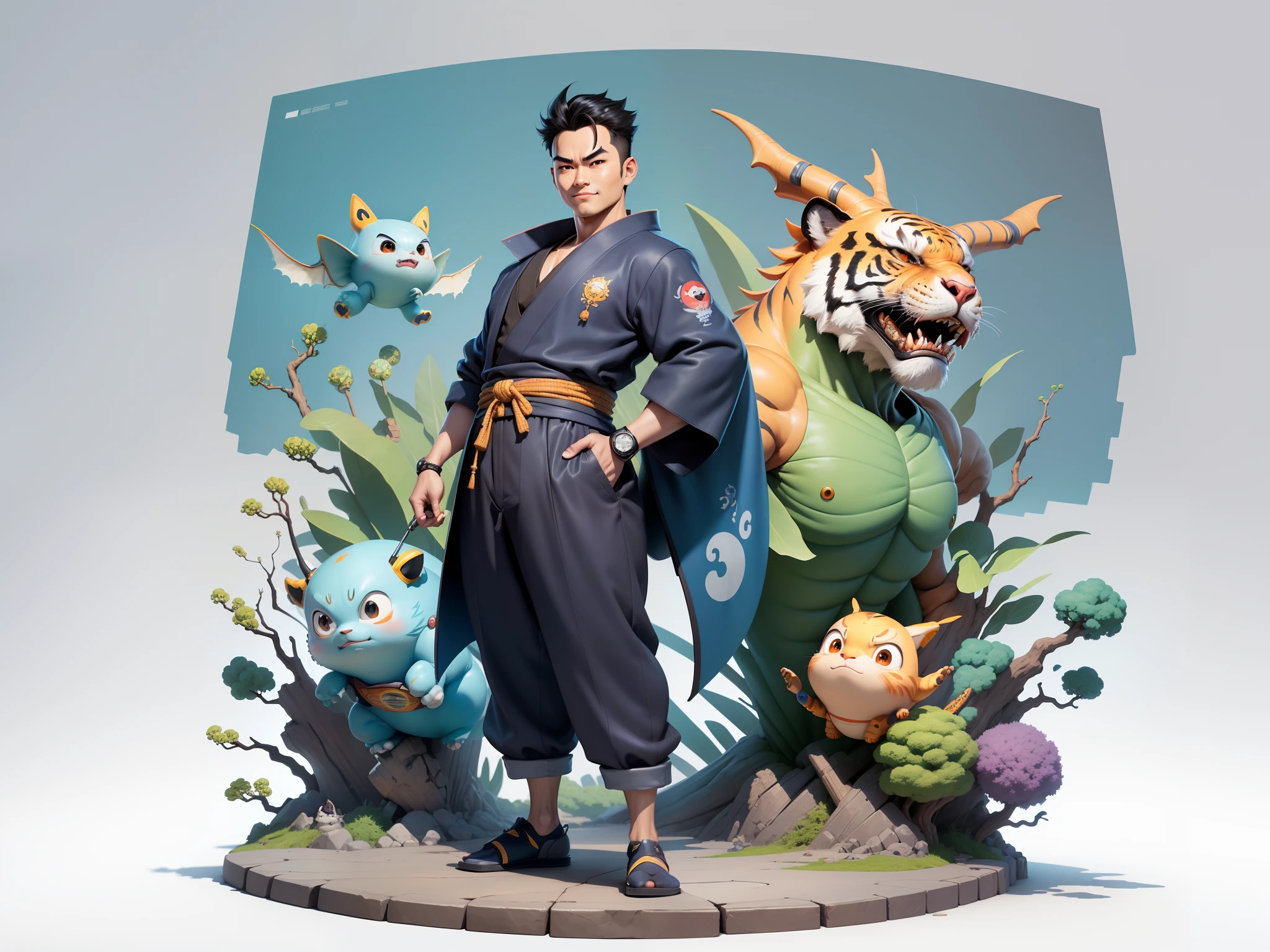(Masterpiece), (Excellent), (Super Meticulous), (Full Body: 1.2), Super Young Man, Oriental Face, Japanese Kimono, Japanese Wind Thunder God, Dragon, Tiger, TV Anchor, Bust Portrait Illustration, Alone, Black Suit, Blue Tie, Slightly Chubby Face, Very Clean Face, No Beard, Black Super Short Hair, Black Eyes, Confident Smile, 3c Computer Sub-Products, iPad, iPhone, Digital Painting, 3D Character Design by Akira Toriyama and Mark Claireden and Pixar and Hayao Miyazaki, The illustration is a high-definition illustration in 4K resolution with very detailed facial features and cartoon-style visuals.