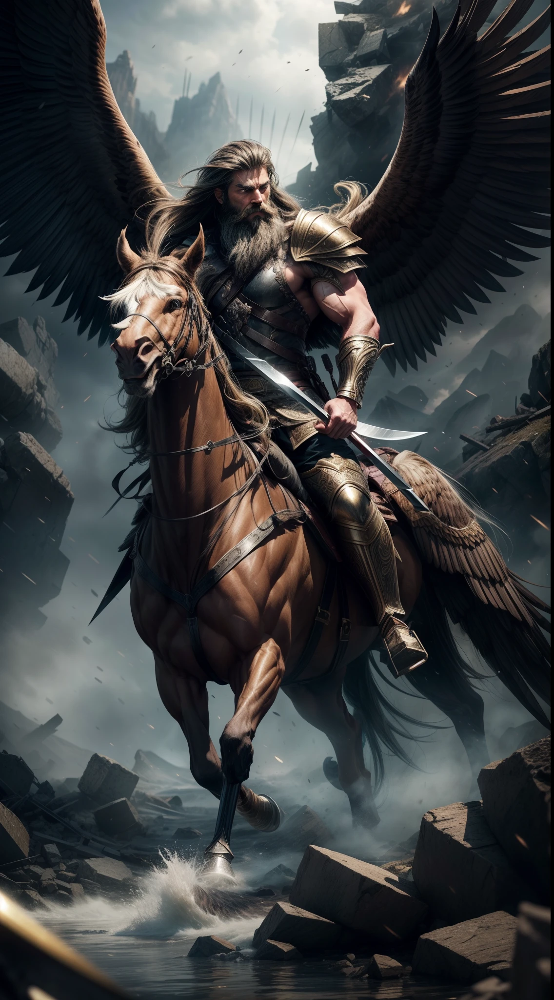 In an epic digital illustration, a great warrior stands amidst the chaos of a battleground. Adorned with long, flowing hair and a meticulously groomed beard, he holds a graceful eagle in his powerful grasp,the warrior embodies strength and determination. Brandishing a legendary golden sword, his movements are swift and precise as he fights against overwhelming odds. This fantastical scene portrays the warrior's unwavering valor against a backdrop of swirling dust and falling debris, 64k, ultra-realistic, high definition, supersharp, ultra detailed.