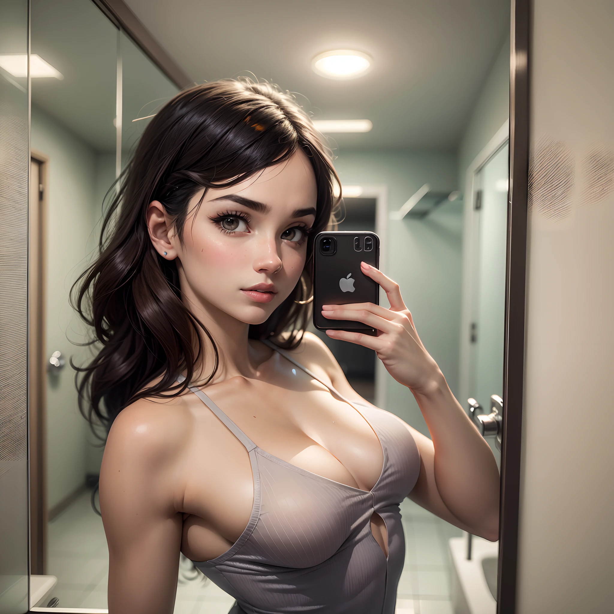 there is a woman taking a selfie in a bathroom mirror, 18 anos, modelo feminino, rosto perfeito e corpo atraentes, rosto e corpo perfeitos, (sem nenhuma deformidade), she is , beleza de cair o queixo, imagem de perfil --auto --s2