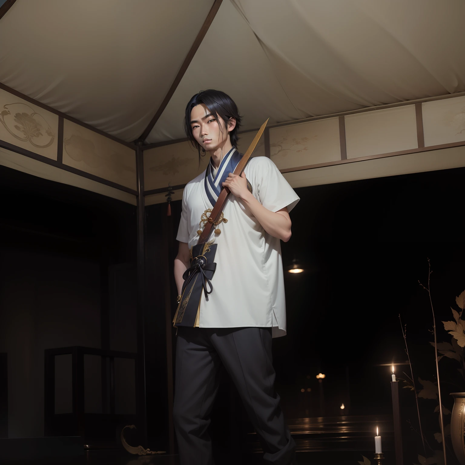 A young Chinese man in his highly detailed martial clothing, cabelo preto longo, fundo noturno escuro, olhos vermelhos, altamente detalhado , antique japanese background