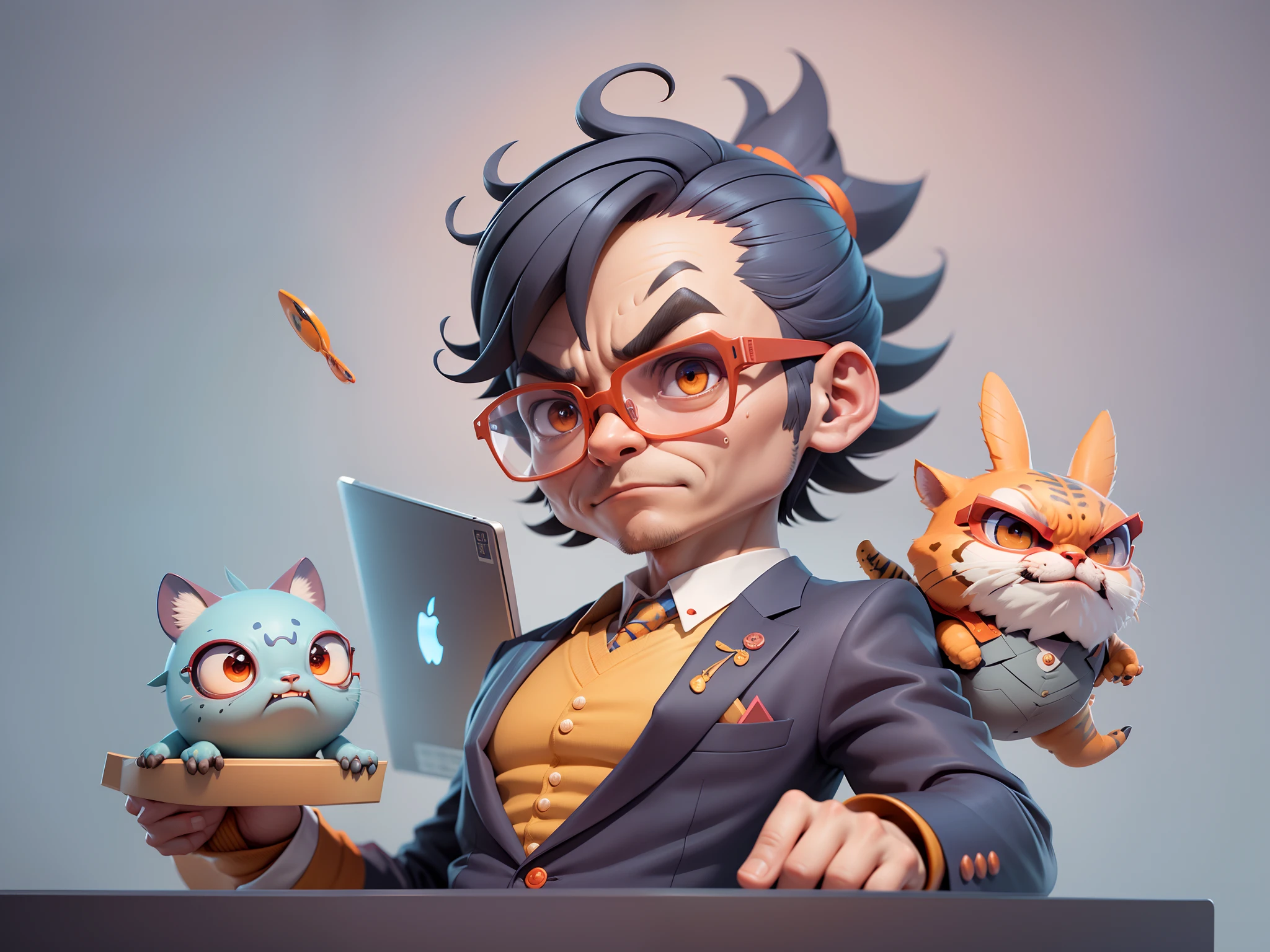 A young man in a suit, Short hair and glasses sat at his desk,holding laptop,digitial painting,tigre,3D character design by Mark Clairen and Pixar and Hayao Miyazaki and Akira Toriyama,4K HD illustration,Very detailed facial features and cartoon-style visuals。