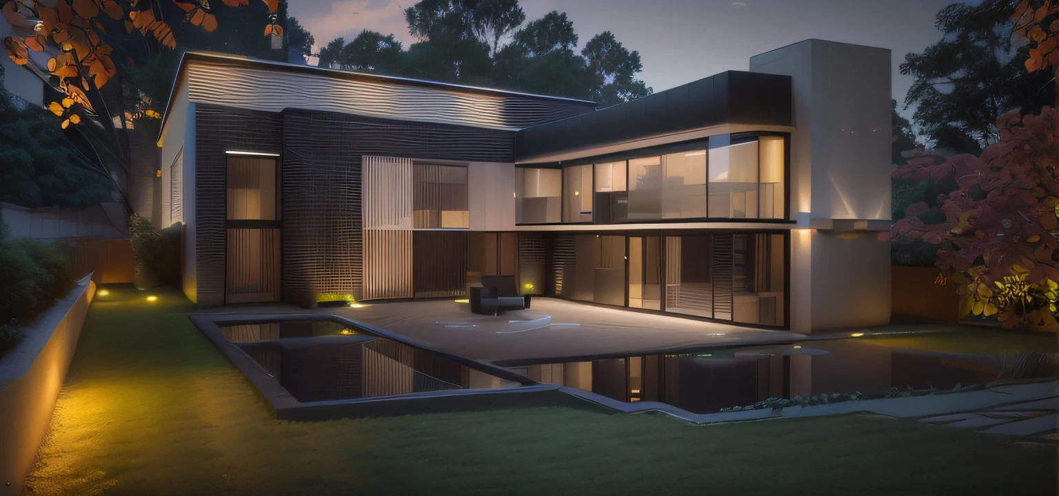 modern house, brick and glass, House by the garden, dynamic (RAW photo, real, best quality, masterpiece:1.2), detailed, (hyper realistic, photo-realistic:1.2), high quality, (dark lighting:1.2), perfect lighting, archidaily, morni