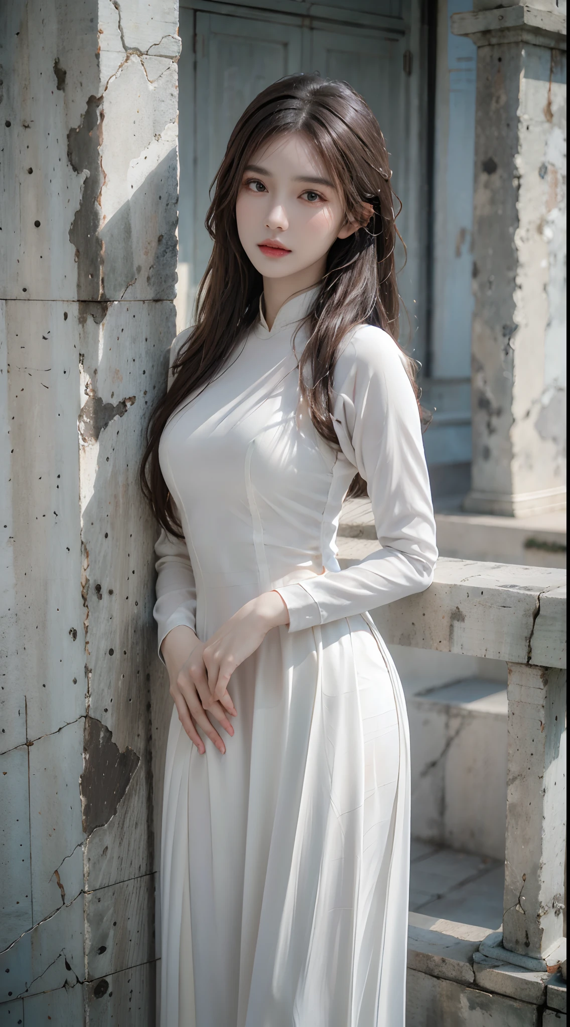 photorealistic, high resolution, 1women, solo, hips up, look at viewer, (detailed face), white aodai, jewelry