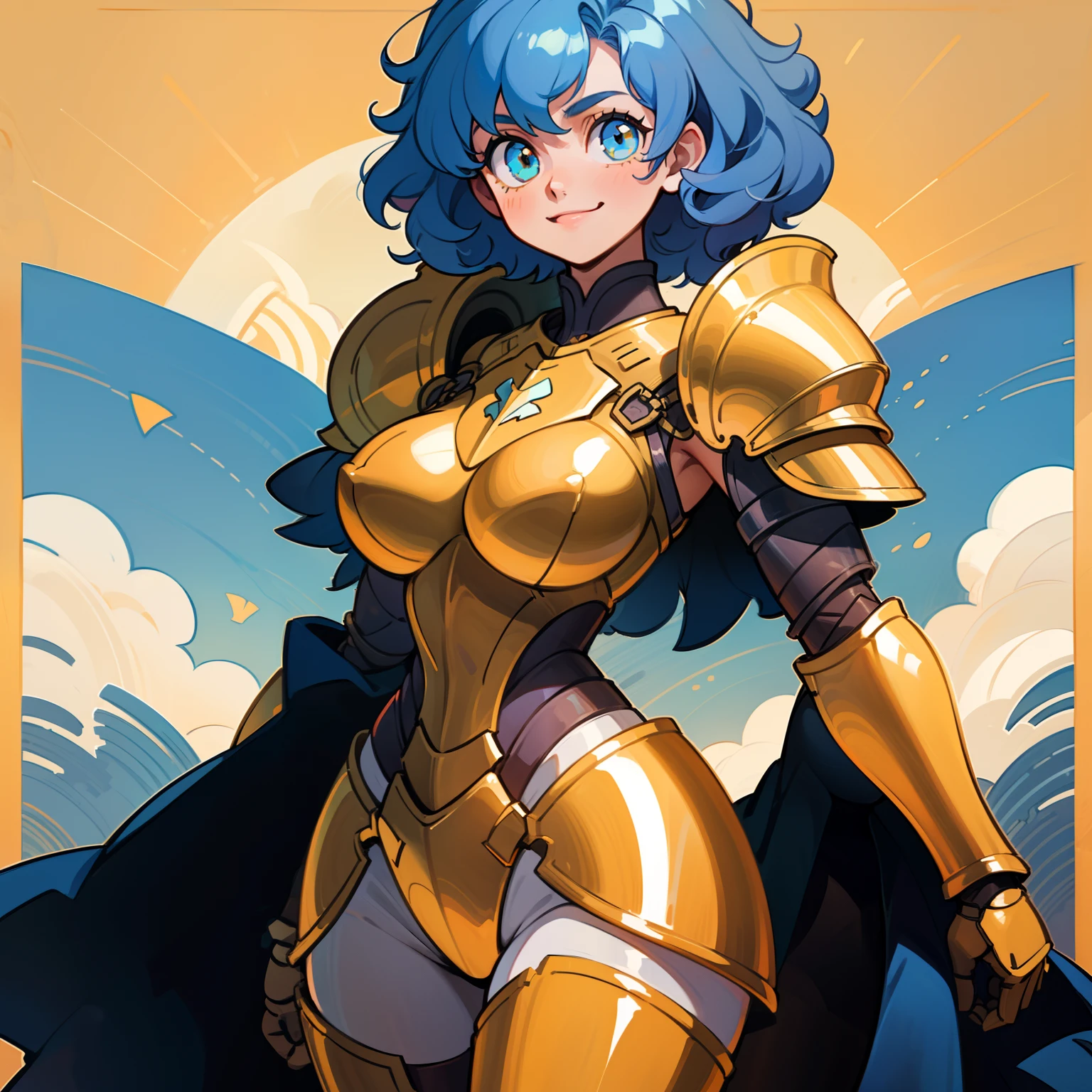 (1 girl), (solo), short blue hair, wavy blue hair, shine golden eyes, strong build, athletic body, big breasts, (high quality), (hd), (very detailed), curly hair, broad shoulders, wide waist, slightly chubby, yellow armor, gold armor, sun details on armor, full armor, smile, powerfull, armor leggings