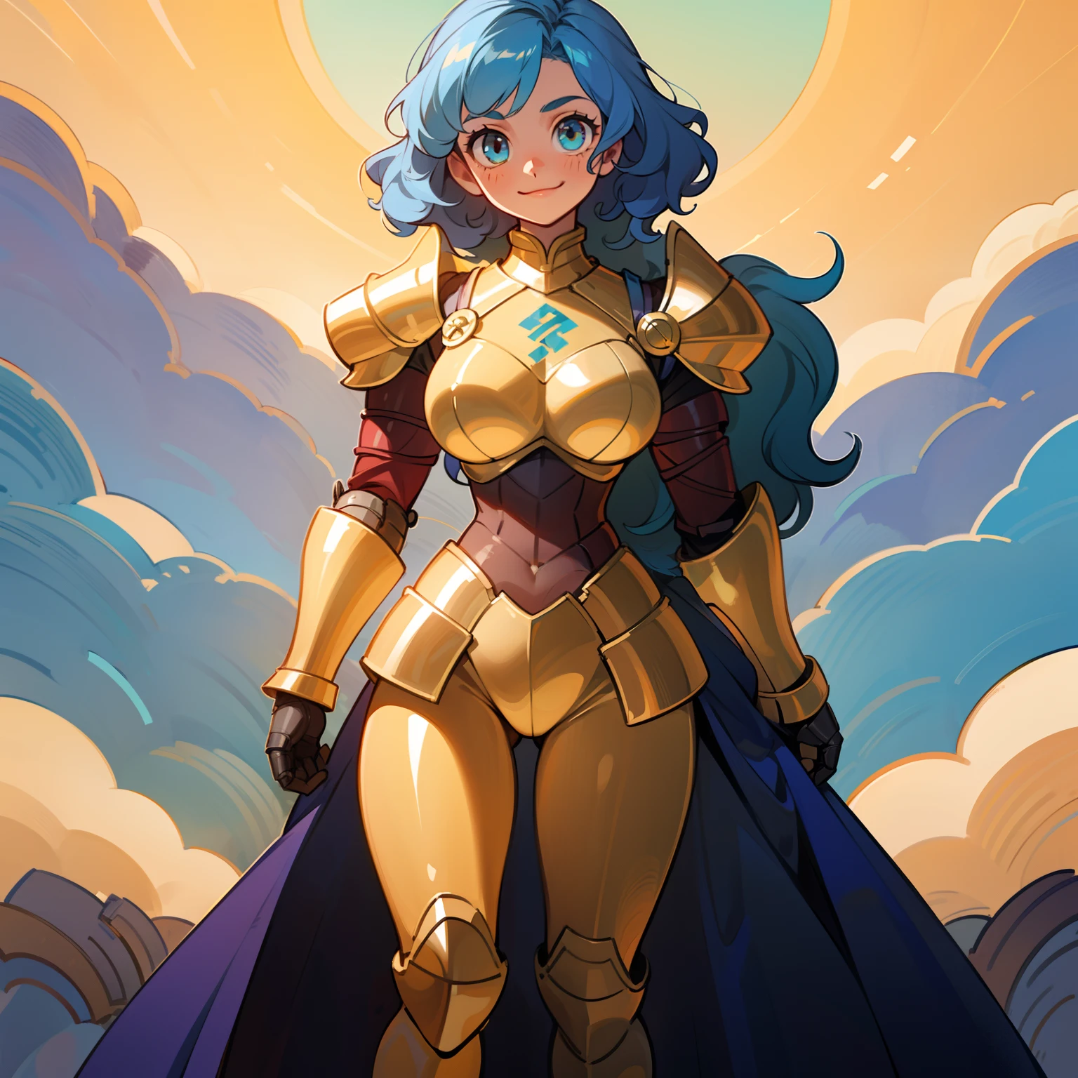 (1 girl), (solo), short blue hair, wavy blue hair, shine golden eyes, strong build, athletic body, big breasts, (high quality), (hd), (very detailed), curly hair, broad shoulders, wide waist, slightly chubby, yellow armor, gold armor, sun details on armor, full armor, smile, powerfull, armor leggings