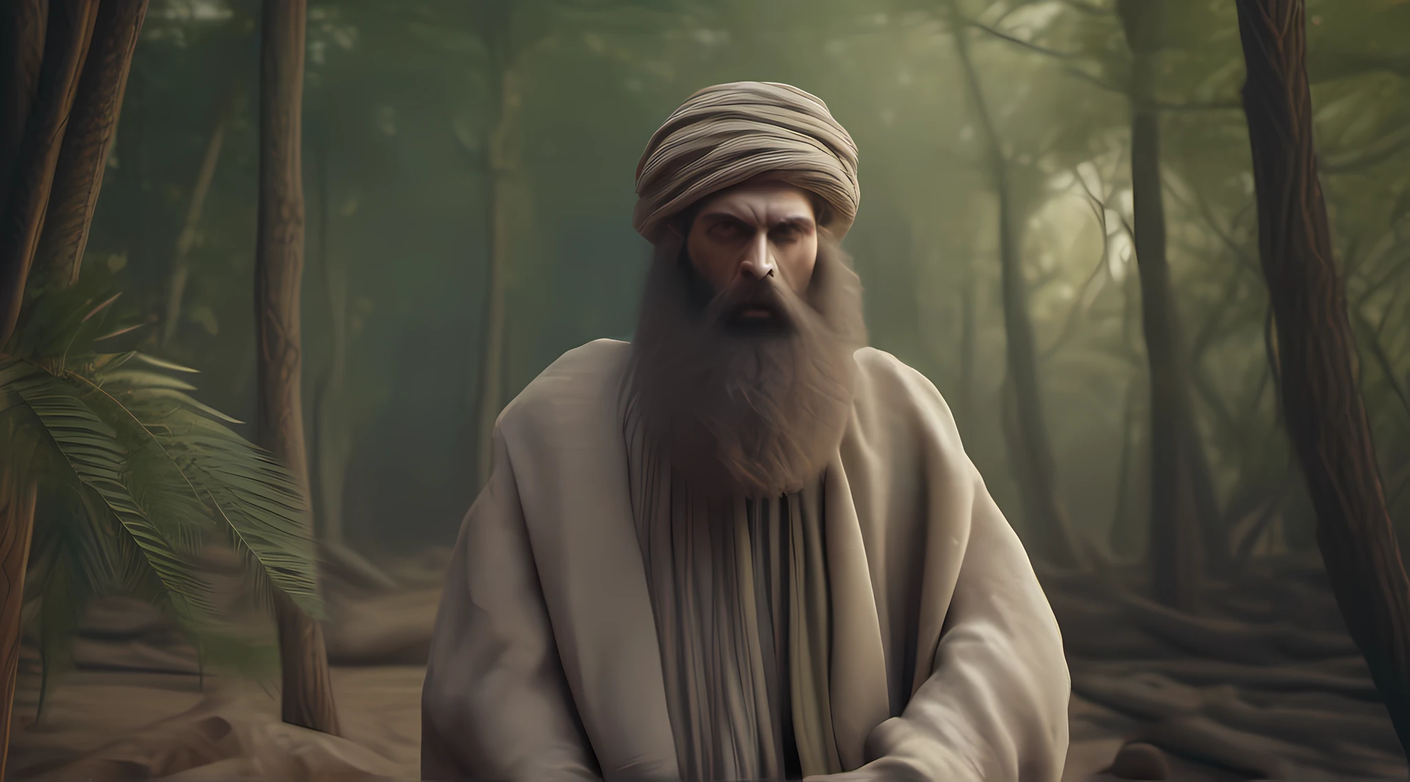 Nebuchadnezzar of Babylon dressed in ragged sackcloth and with a beard mistreated and in the middle of the forest like an animal, photorealistic, 4k, wide angle
