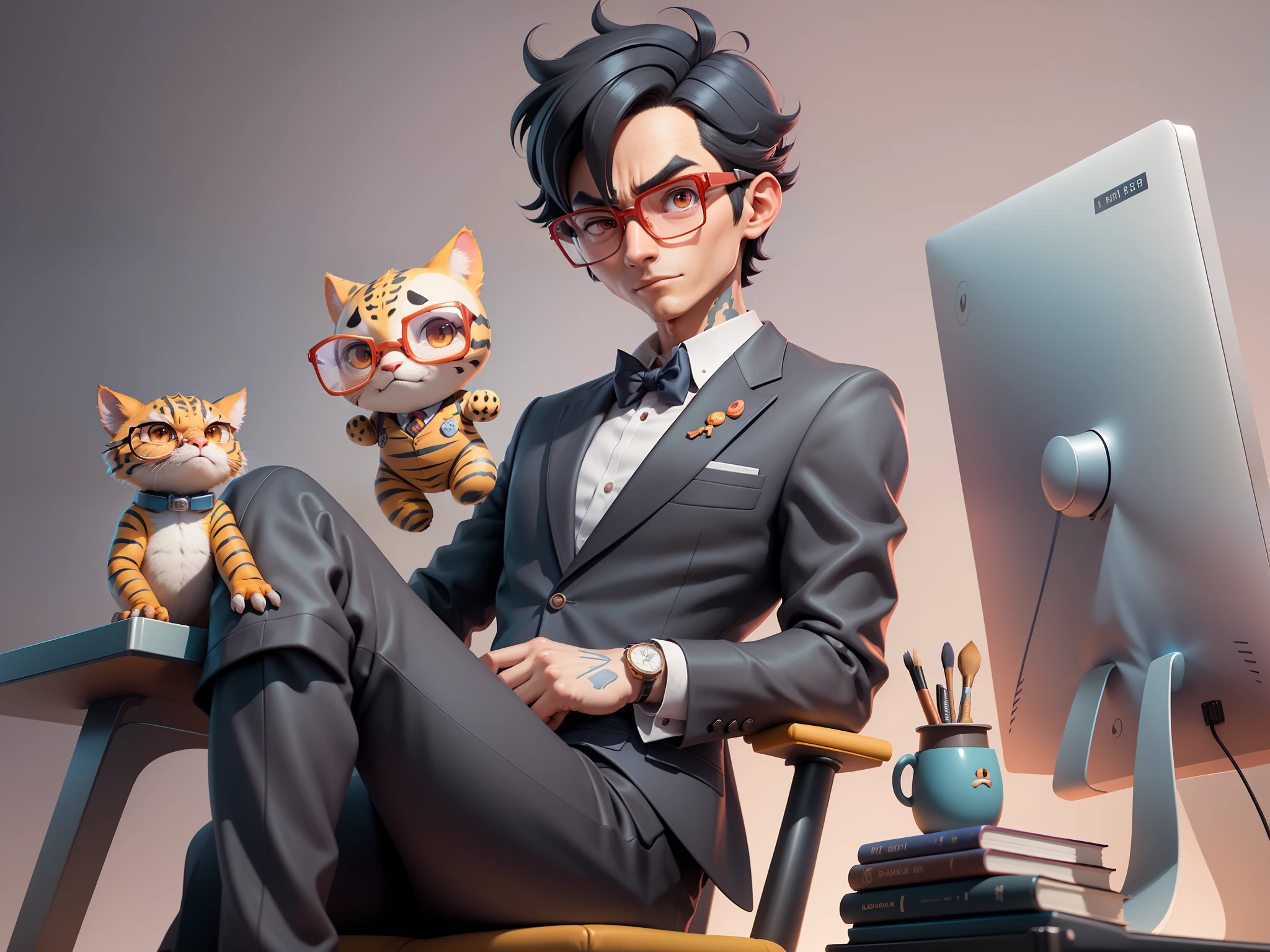 A young man in a suit, Short hair and glasses sat at his desk，holding laptop，digitial painting，tigre，3D character design by Mark Clairen and Pixar and Hayao Miyazaki and Akira Toriyama，4K HD illustration，Very detailed facial features and cartoon-style visuals。