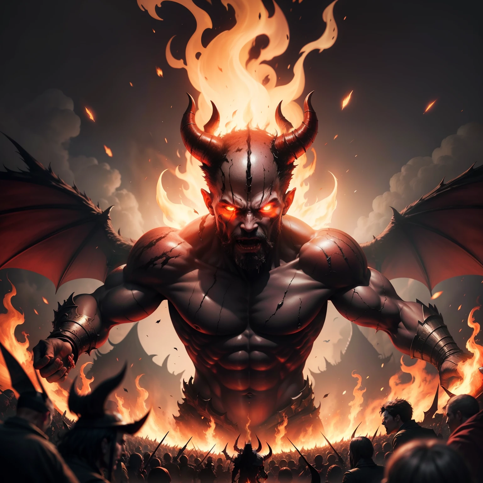 Devil in Hell with army of demons surrounding blazing fire hyper realistic
