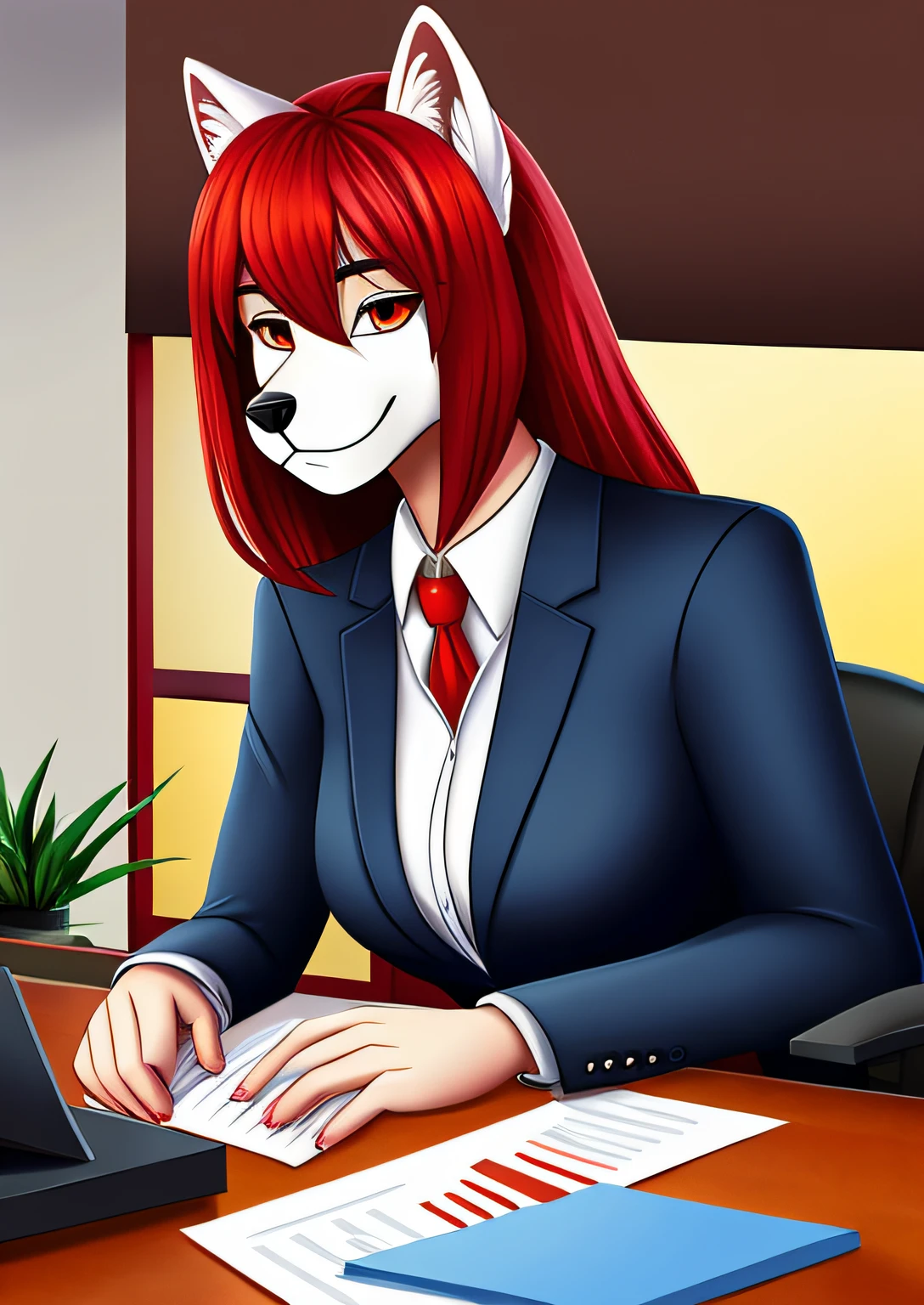 White wolf with red hair in an office