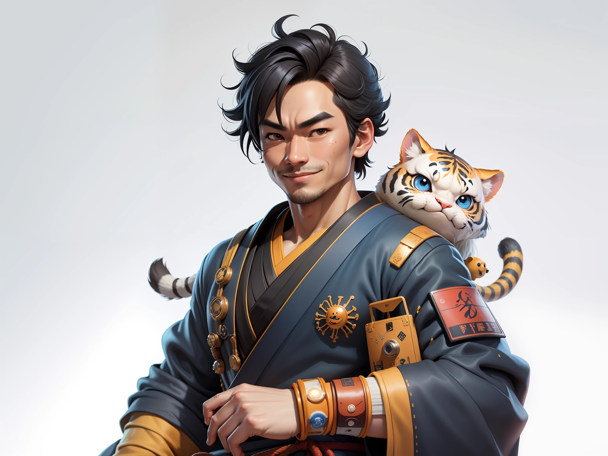 (Daisaku),(Need),(Super meticulous),(full bodyesbian:1.2),Super young man with Japanese geisha,Beautiful,orient,one tiger,Aeolian Thor,Raised sexy,爆乳,Oriental face,TV Anchor,Bust portrait illustration,In black suit,a blue tie,The face is slightly chubby,The face was clean,without a beard,Black super short hair,Black eyes,Smile confidently,3C computer sub-products,iPad, iphone,Digital painting,3D character design by Mark Clairen and Pixar and Hayao Miyazaki and Akira Toriyama,The illustration is a high-definition illustration in 4K resolution,With very detailed facial features and cartoon-style visuals。