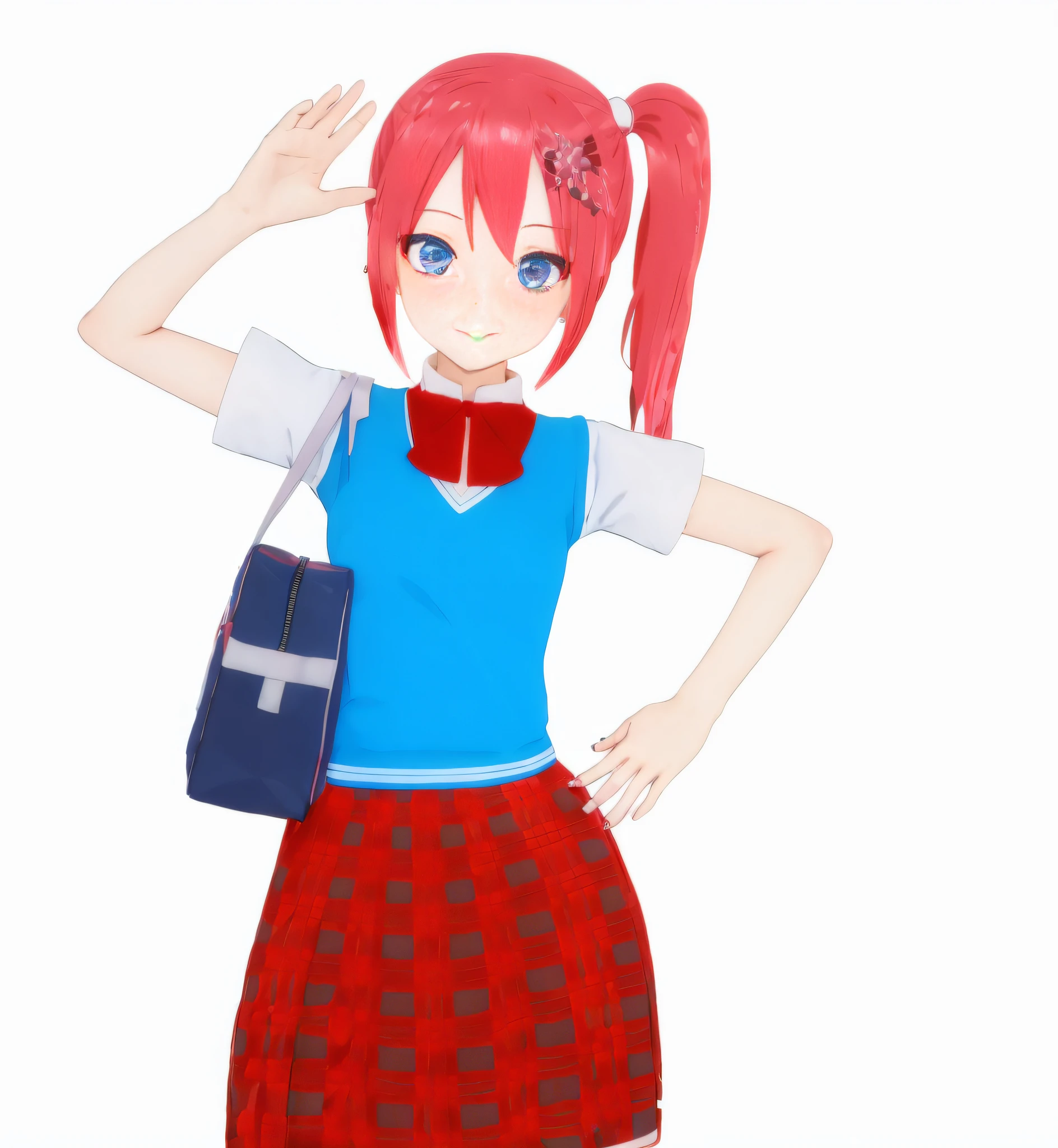 anime girl in a vibrant red skirt and a bold blue shirt waving in the wind, sporting playful and vibrant pink twintail hair and mesmerizing cyan eyes, immersed in a stylized anime world with a youthful and energetic vibe, set against a dynamic street background.