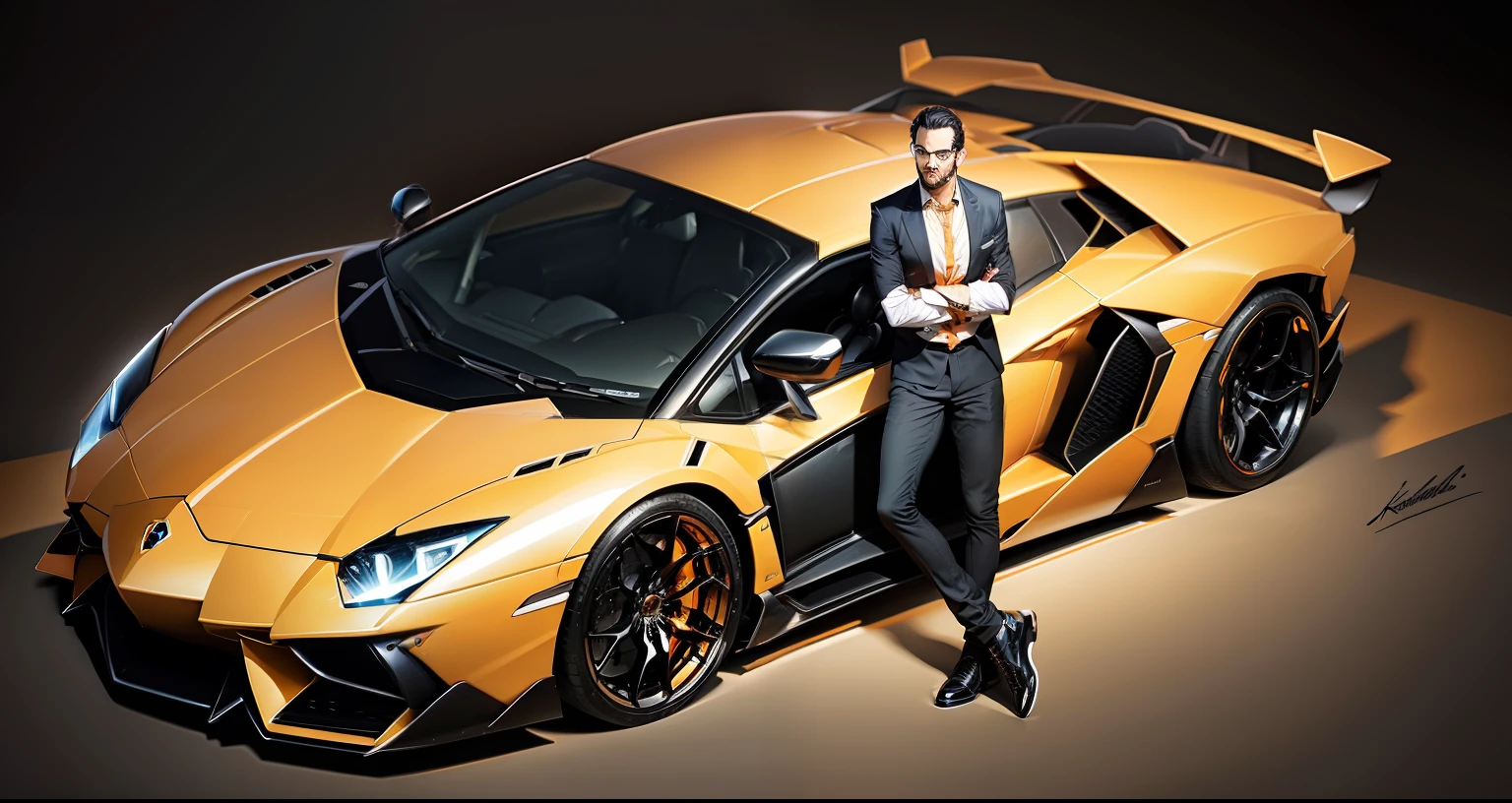 MAN WITH ARMS CROSSED SMILING next to an orange LAMBORGHINI AVENTADOR SVJ , desenhado com photoshop, estilo miura kentaro, Estilo Lamborghini AVENTADOR SVJ LARANJA Ousado, Lamborghini, inspirado em Kentaro Miura, inspirado em Bernardo Cavallino, [ arte digital ]!!, car sketch, Colorido digitalmente, em estilo de kentaro miura, Estilo Kentaro Miura, LAMBORGHINI AVENTADOR SVJ LARANJA