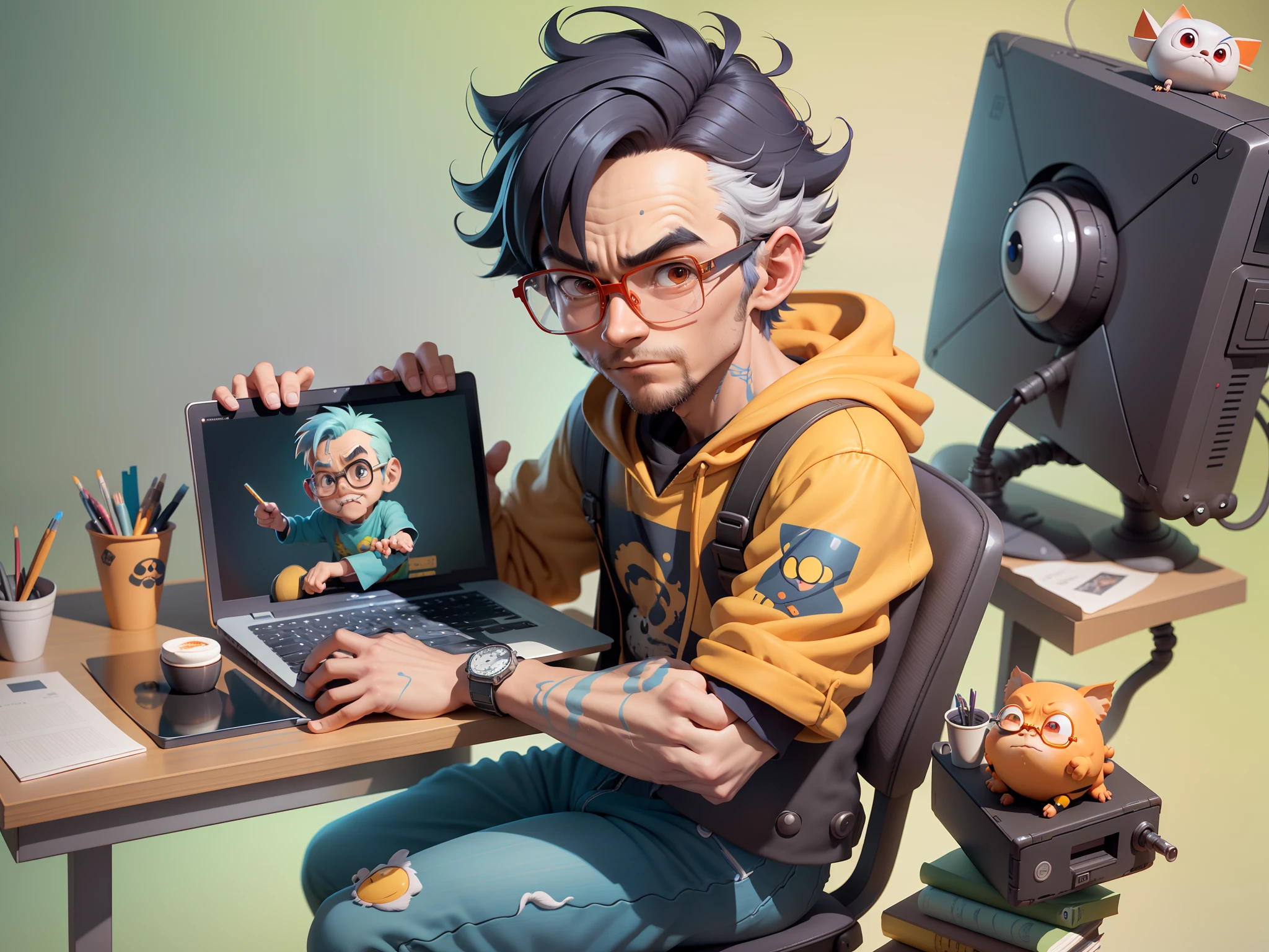 A young man with glasses sits at his desk，holding laptop，digitial painting，3D character design by Mark Clairen and Pixar and Hayao Miyazaki and Akira Toriyama，4K HD illustration，Very detailed facial features and cartoon-style visuals。