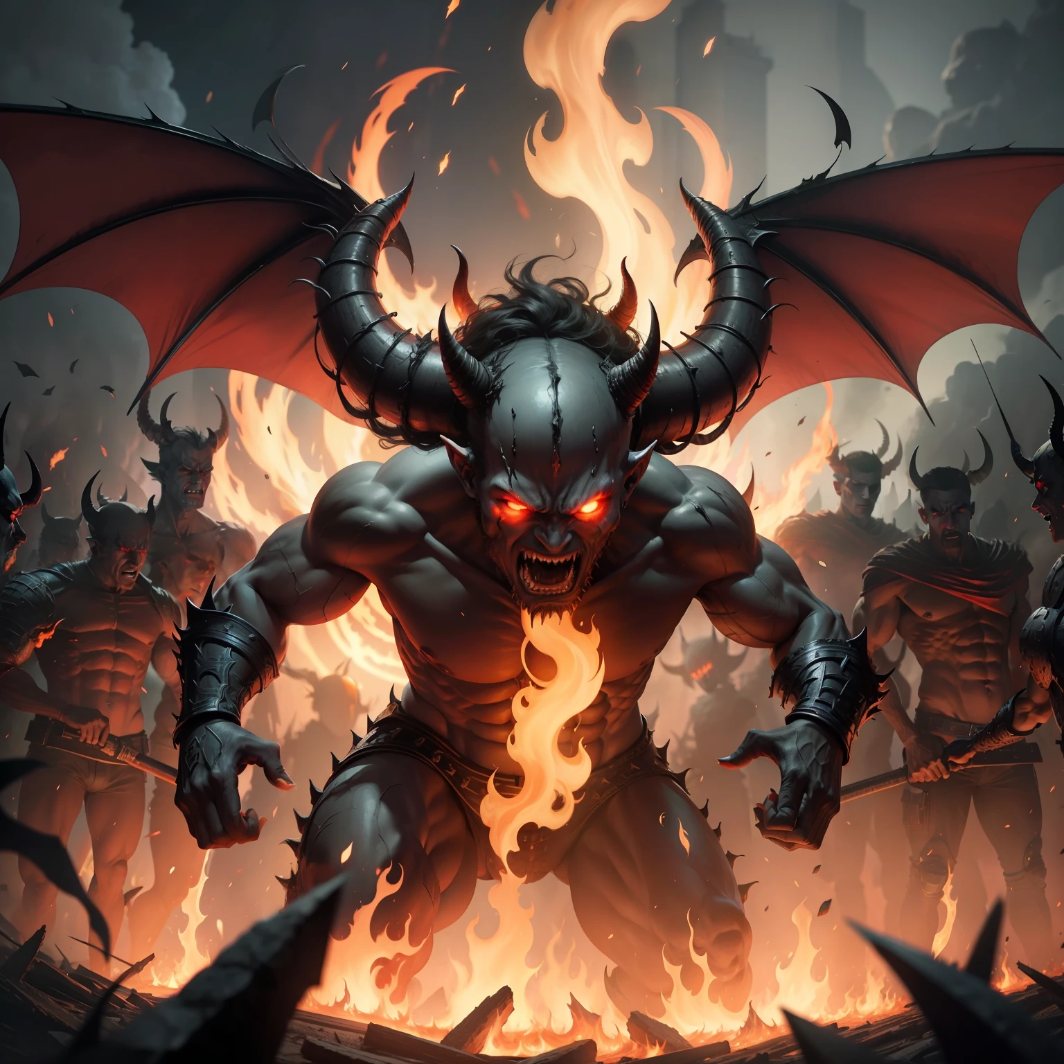 Devil in Hell with army of demons surrounding blazing fire hyper realistic