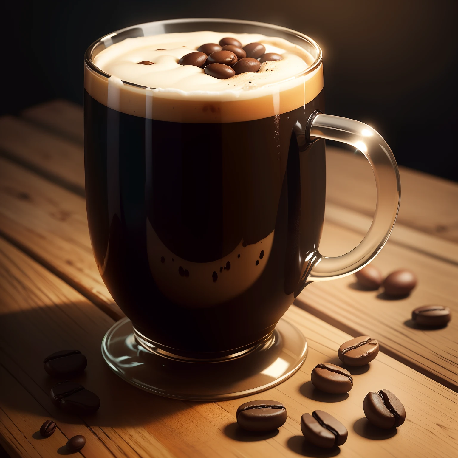 Mug of dark beer with coffee beans on the table.